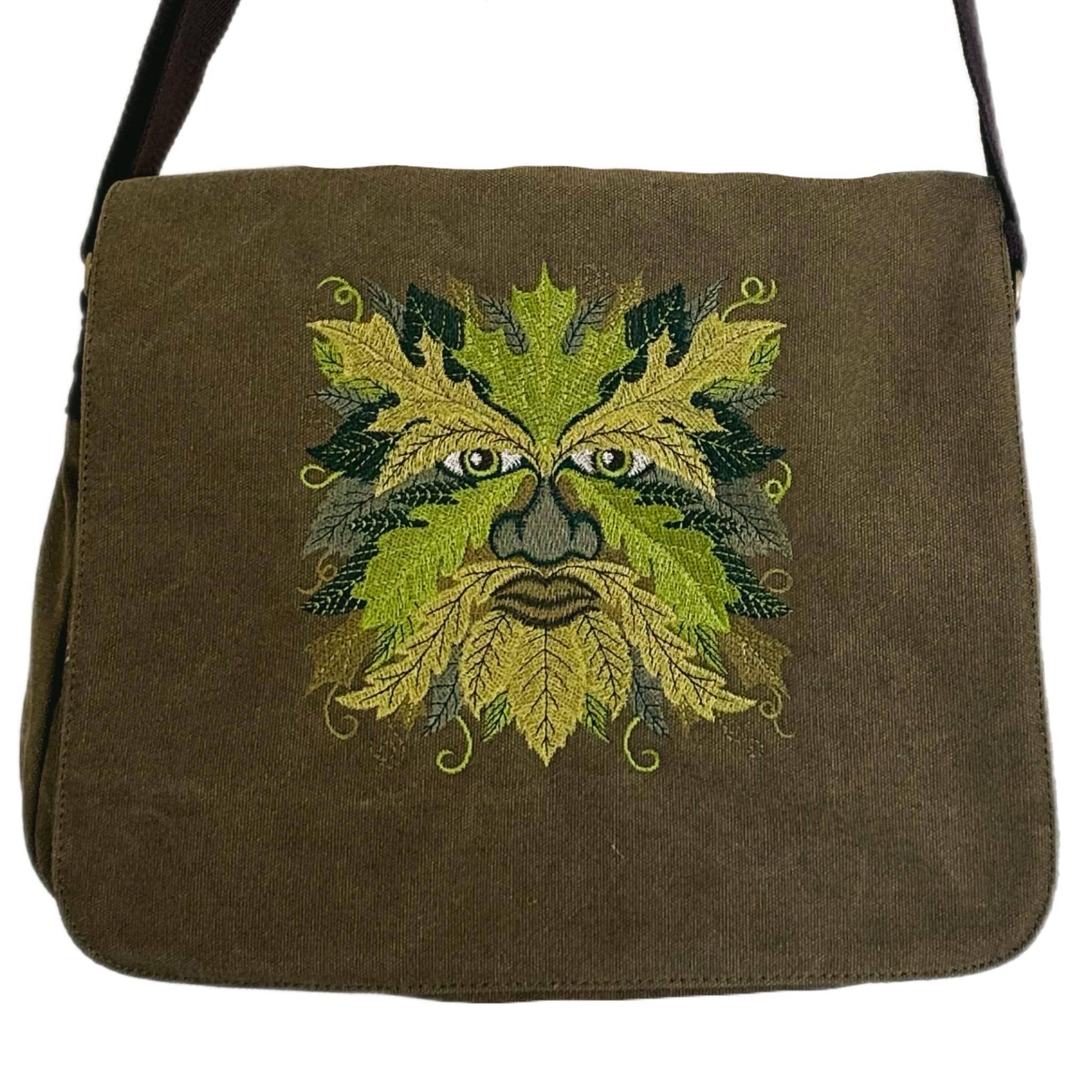 Greenman Embroidered Bag, Cotton Canvas Khaki Messenger Bag