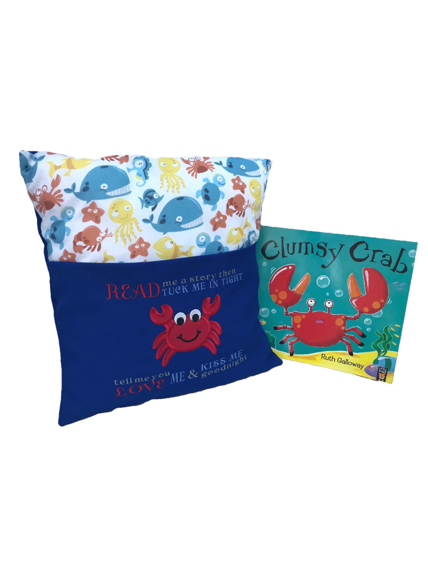 Crab Embroidered Reading Pillow: Nautical Book Cushion