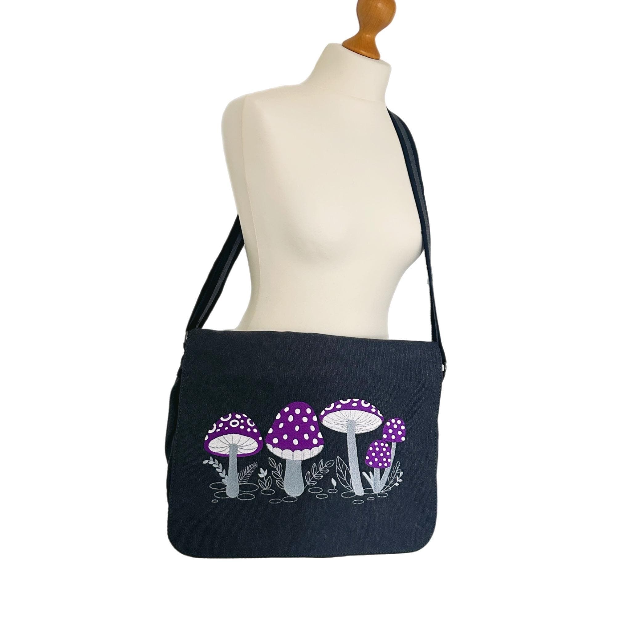 Purple Toadstool Embroidered Bag, Cotton Canvas Vintage Black Messenger Bag