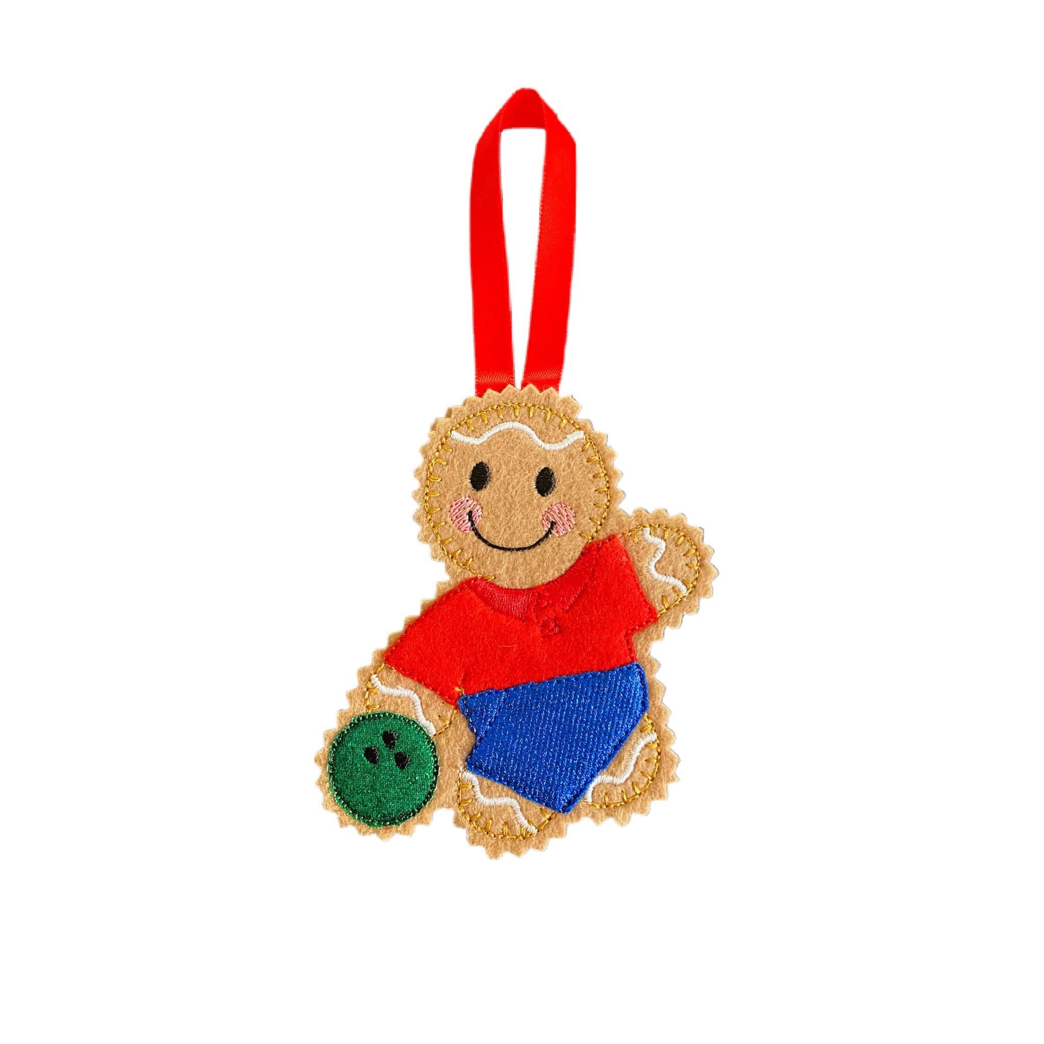 Ten Pin Bowler/Skittles player Gingerbread Man Felt Decoration