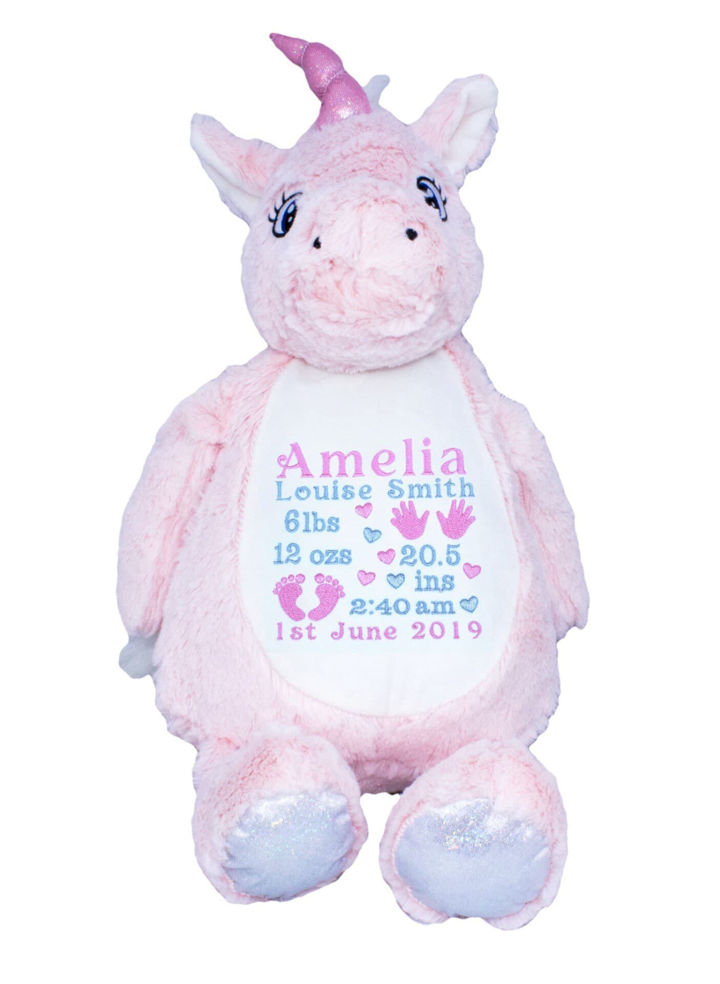 Pink Unicorn Personalised Soft Toy,  Personalised Embroidered Teddy, Custom bear, boy birthday gift.