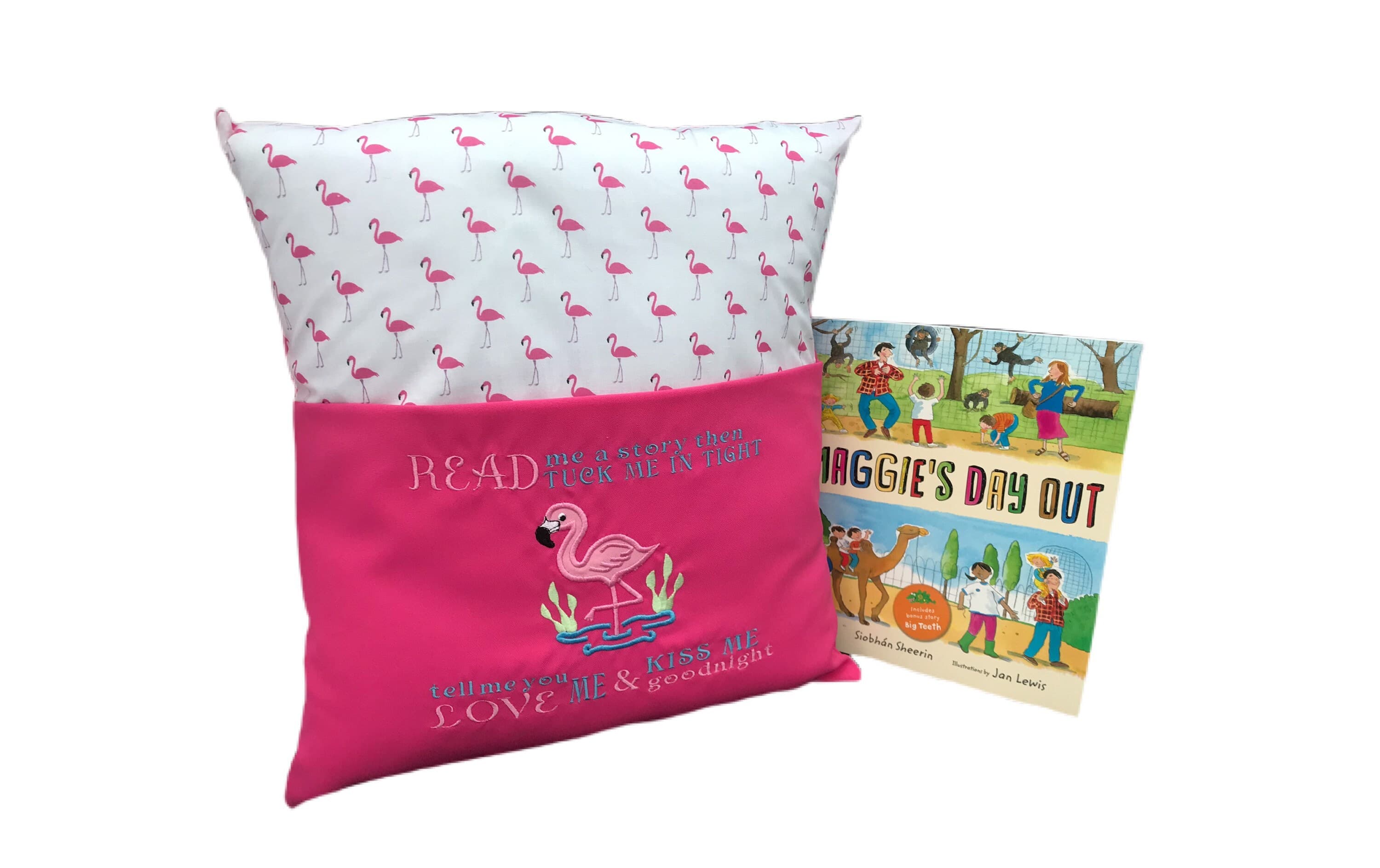 Flamingo Reading Pillow: Embroidered Pocket Cushion, Bedtime Story