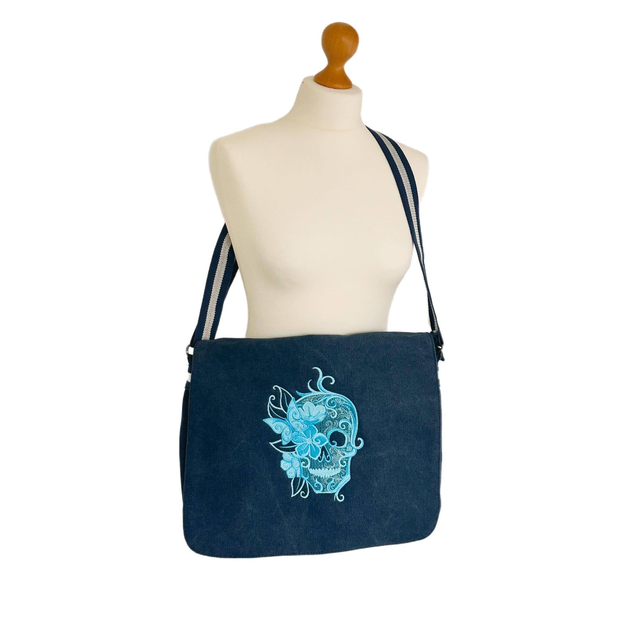 Blue Sugar Skull Embroidered Messenger Bag: Cotton Canvas Laptop Bag — image 2