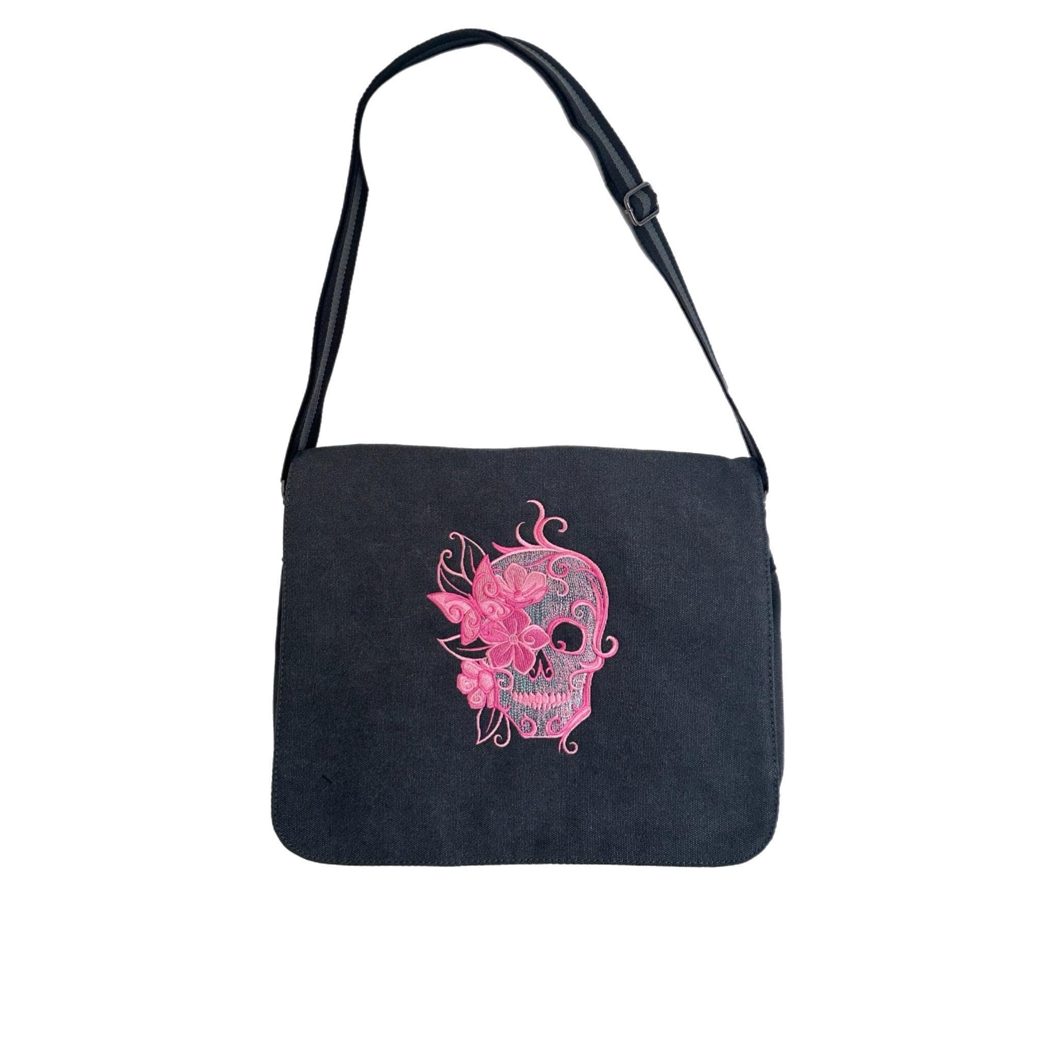Pink Sugar Skull Embroidered Bag, Cotton Canvas Vintage Black Messenger Bag — image 2