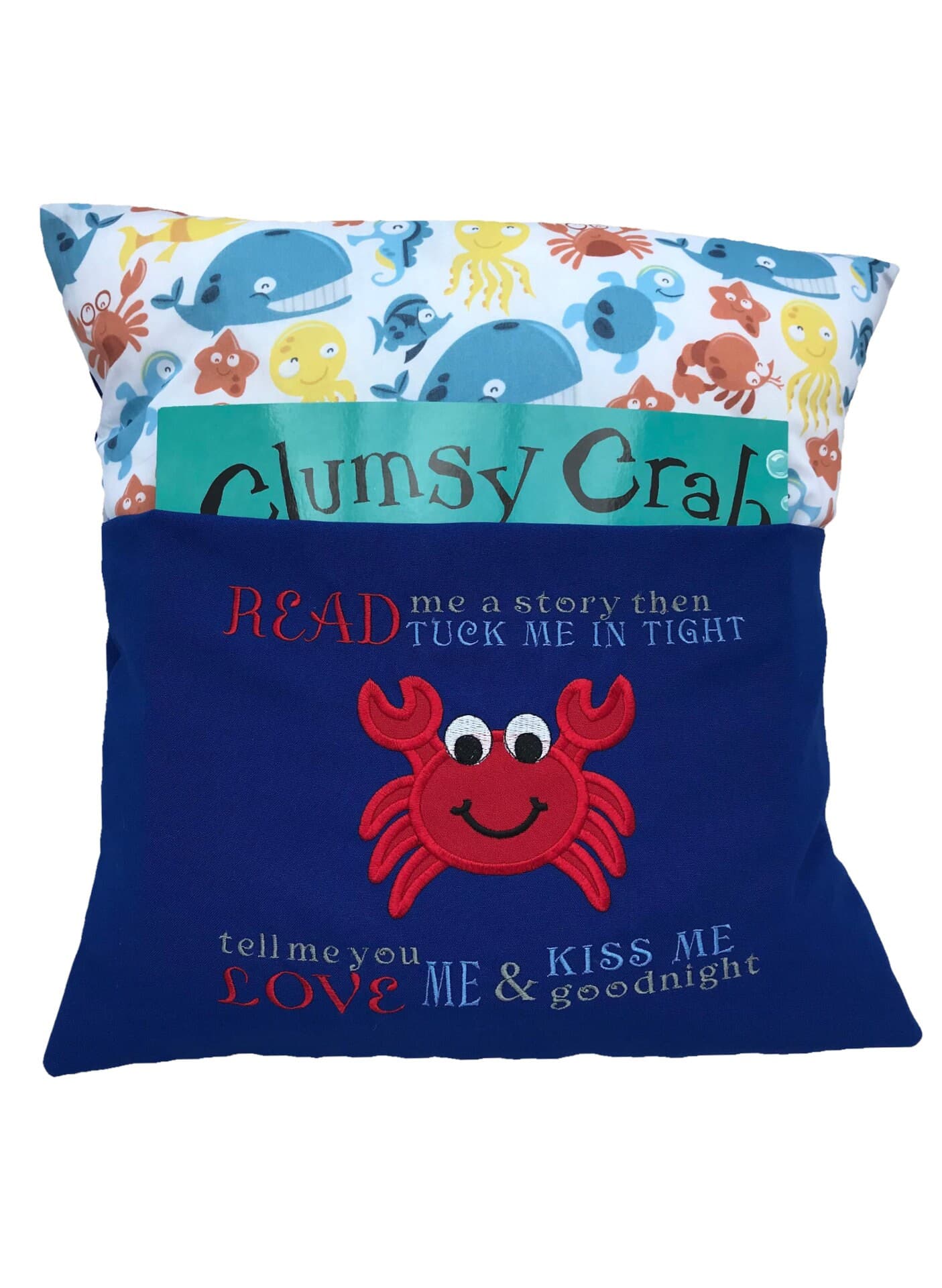 Crab Embroidered Reading Pillow: Nautical Book Cushion — image 3