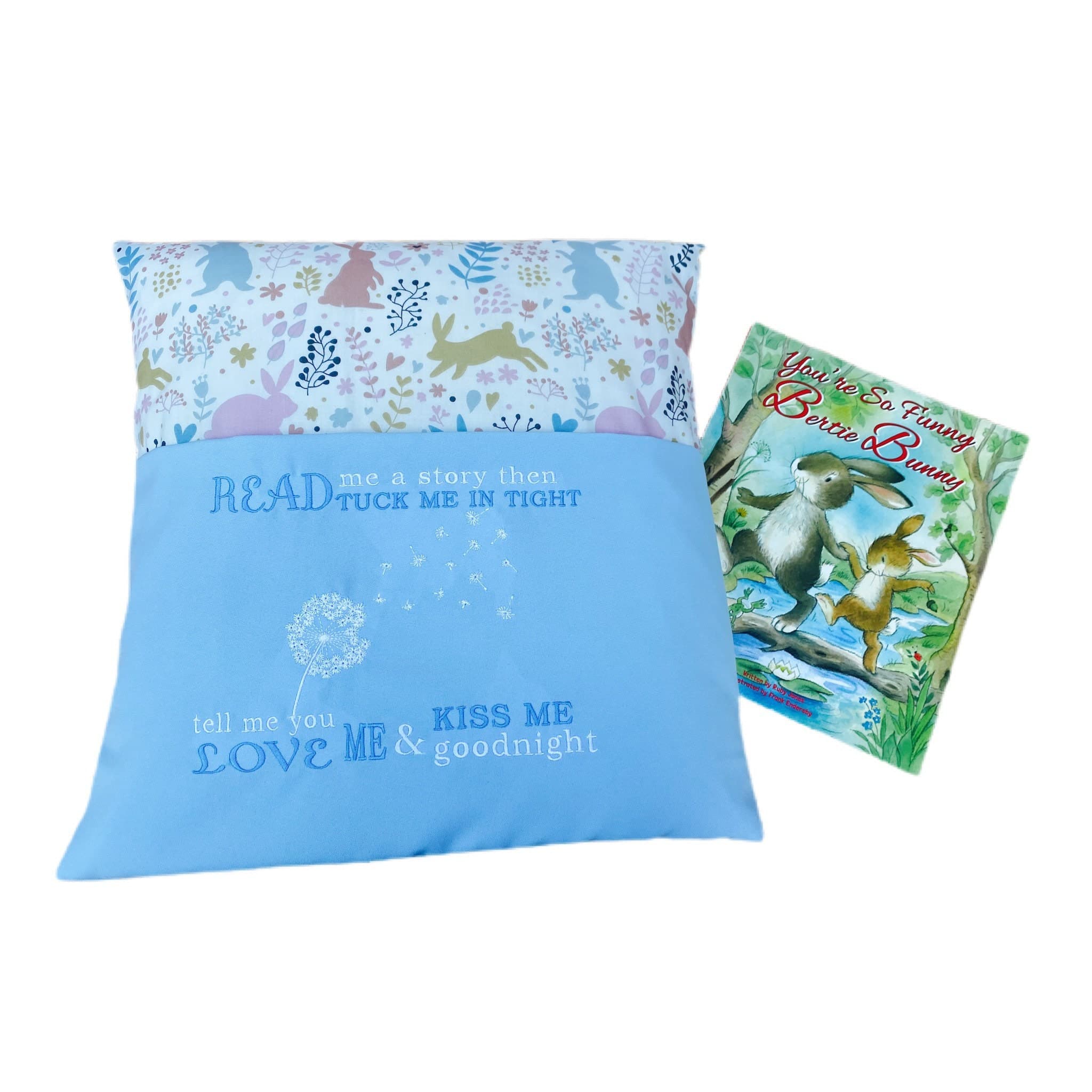 Rabbit Reading Pillow: Embroidered Dandelion Nursery Book Cushion