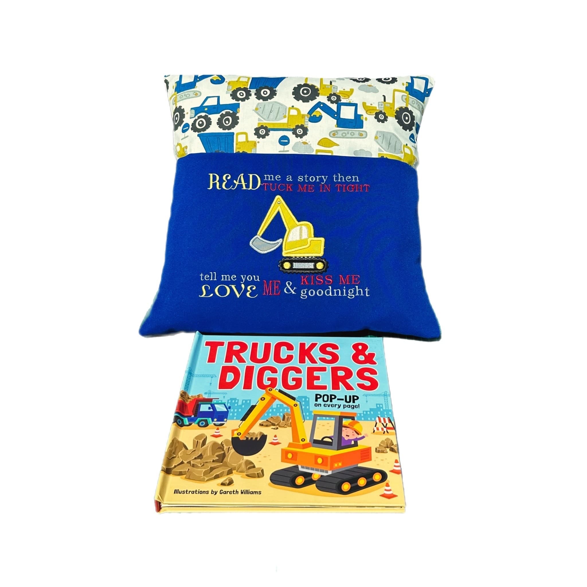 Embroidered Digger Book Cushion: Kids Story Pocket Pillow — image 3