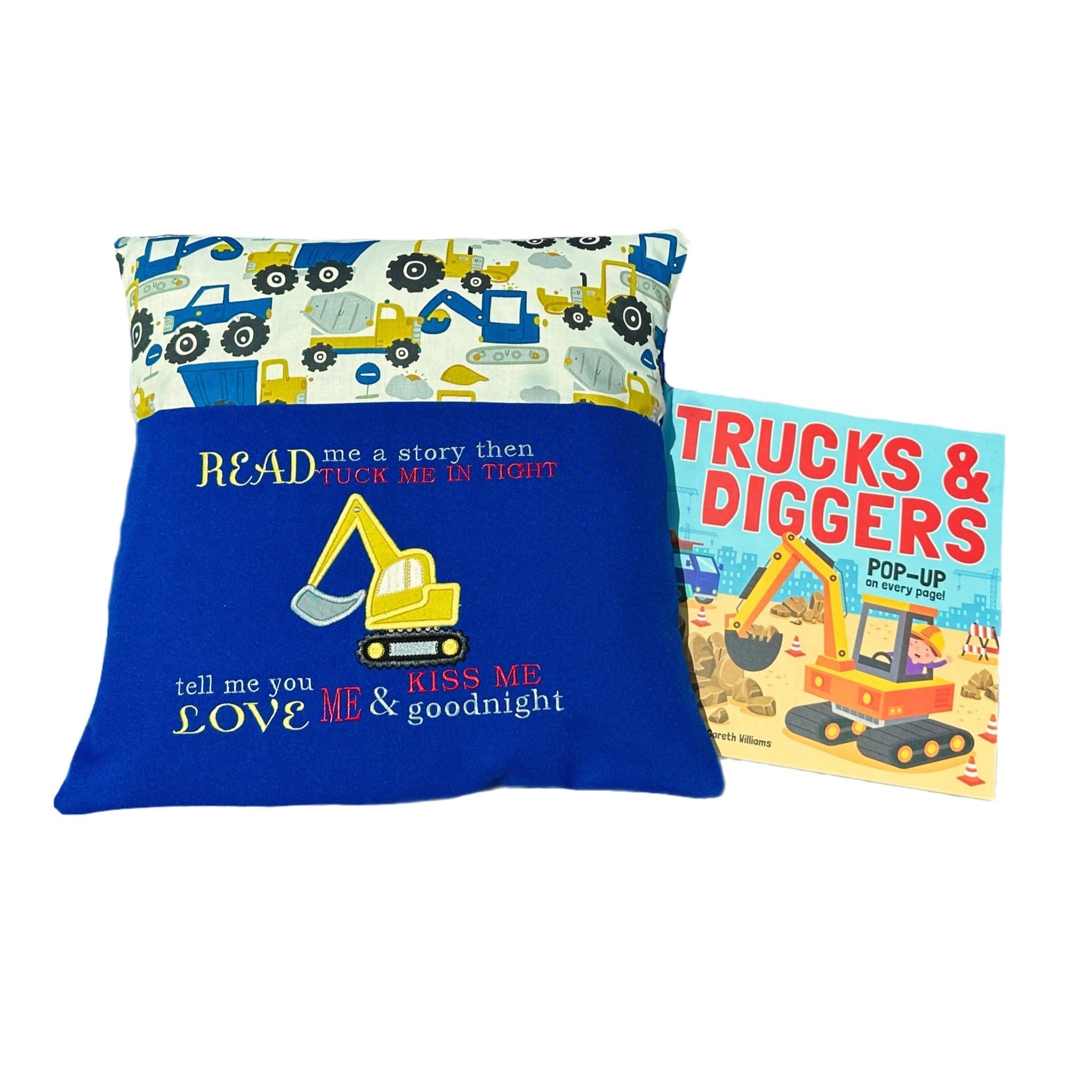 Embroidered Digger Book Cushion: Kids Story Pocket Pillow