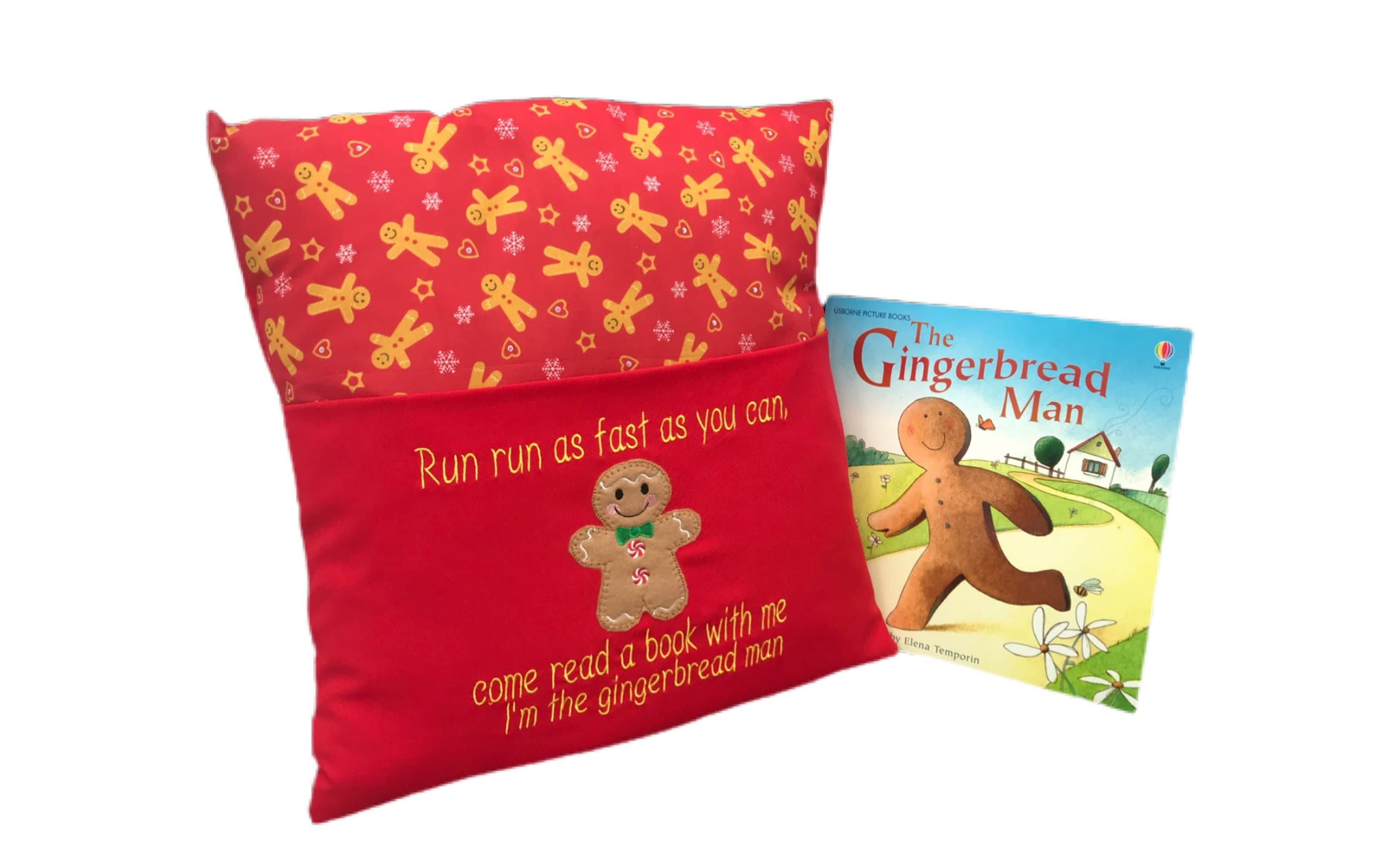 Gingerbread Man Reading Cushion: Embroidered Book Pocket