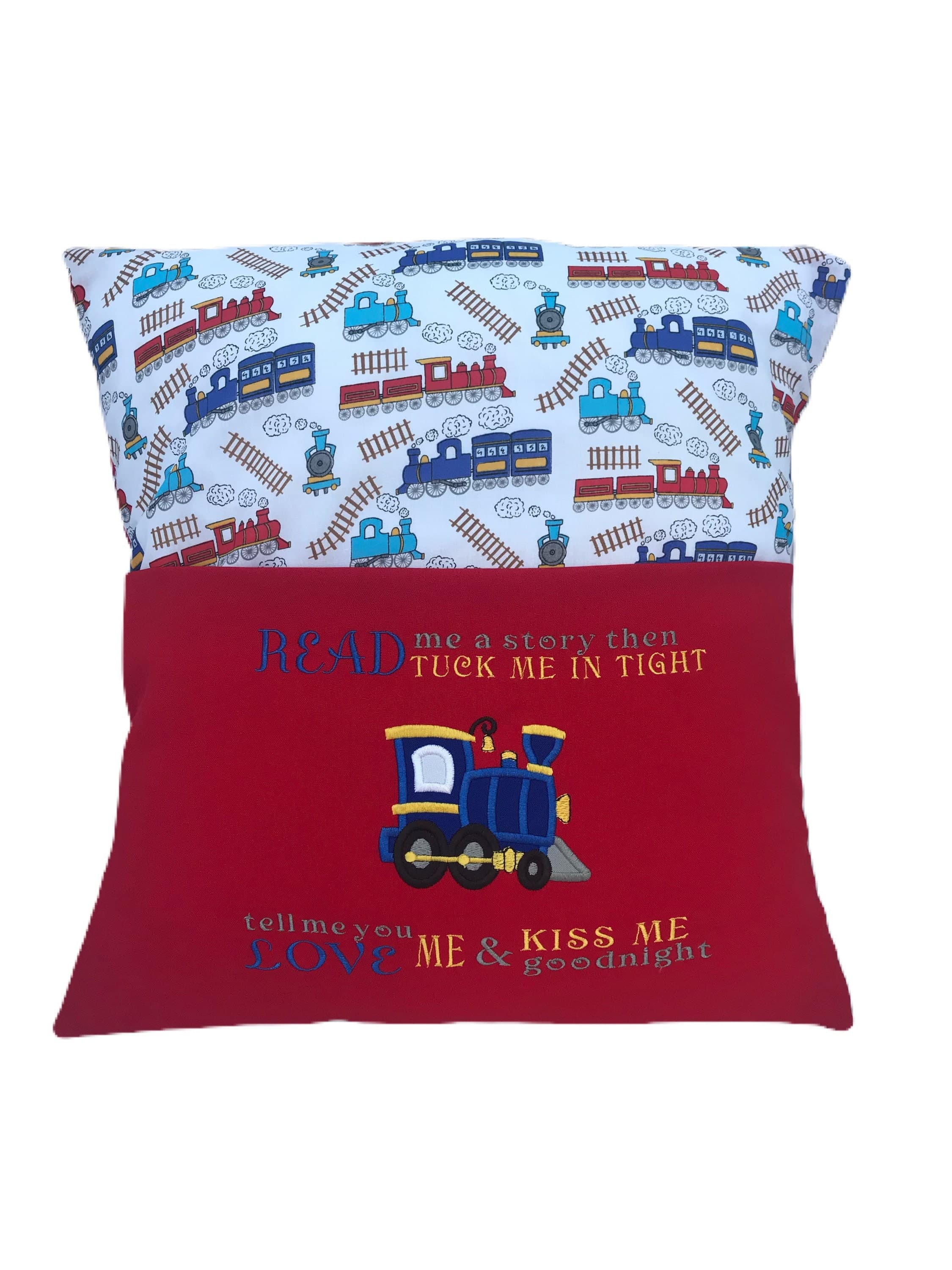 Embroidered Train Reading Pillow: Children's Book Cushion — image 3