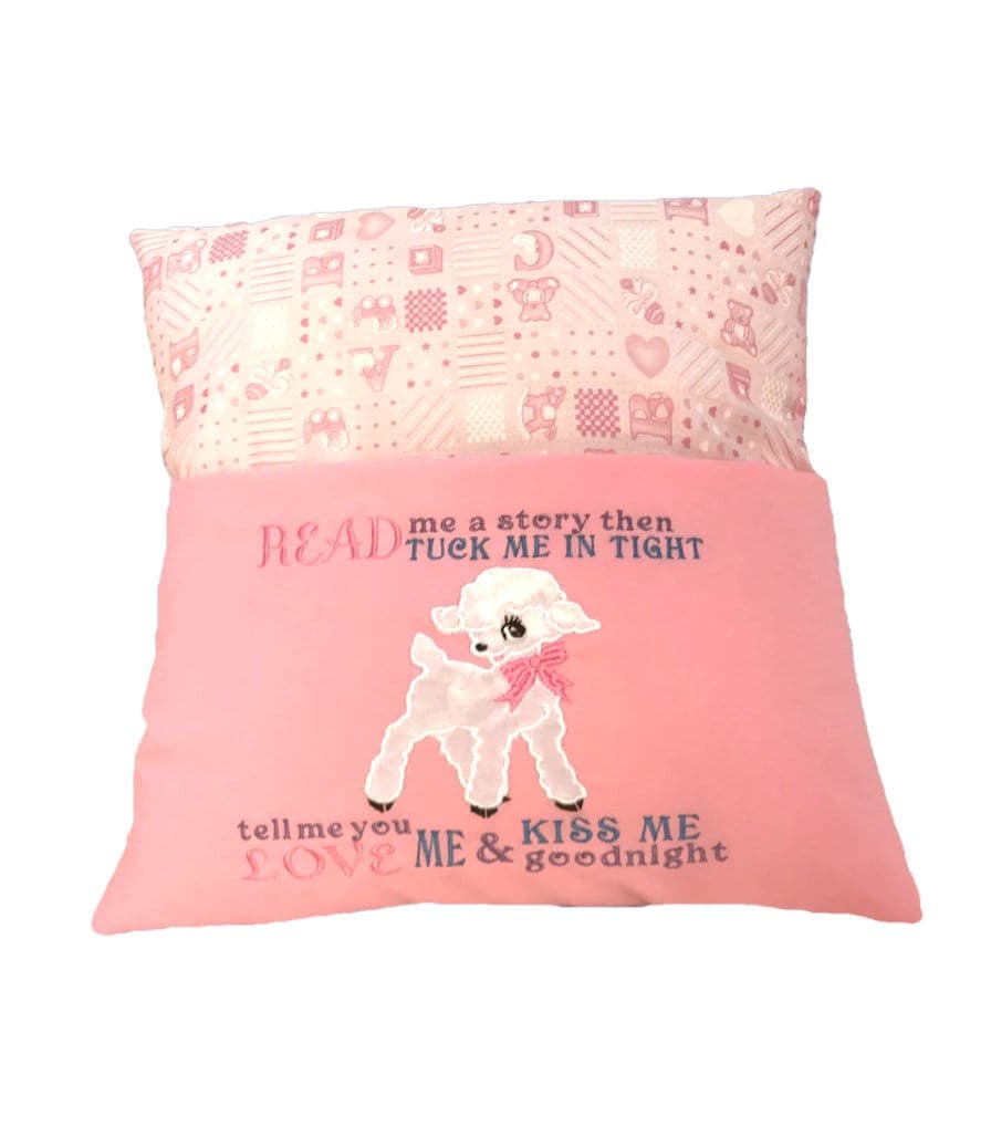 Embroidered Lamb Book Cushion: Pink Nursery Reading Pillow — image 2