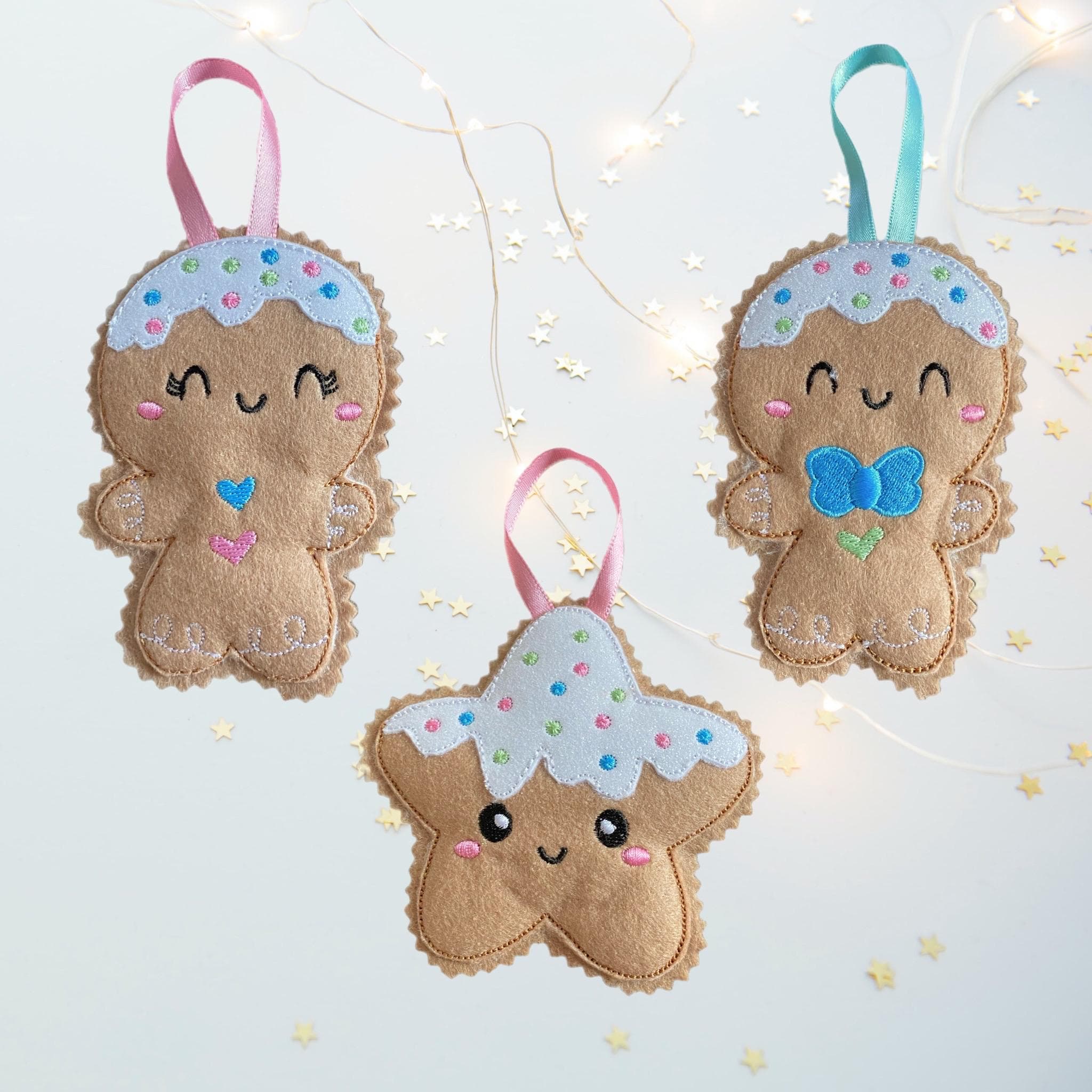 Kawaii Gingerbread Man and Star Felt Christmas Decorations