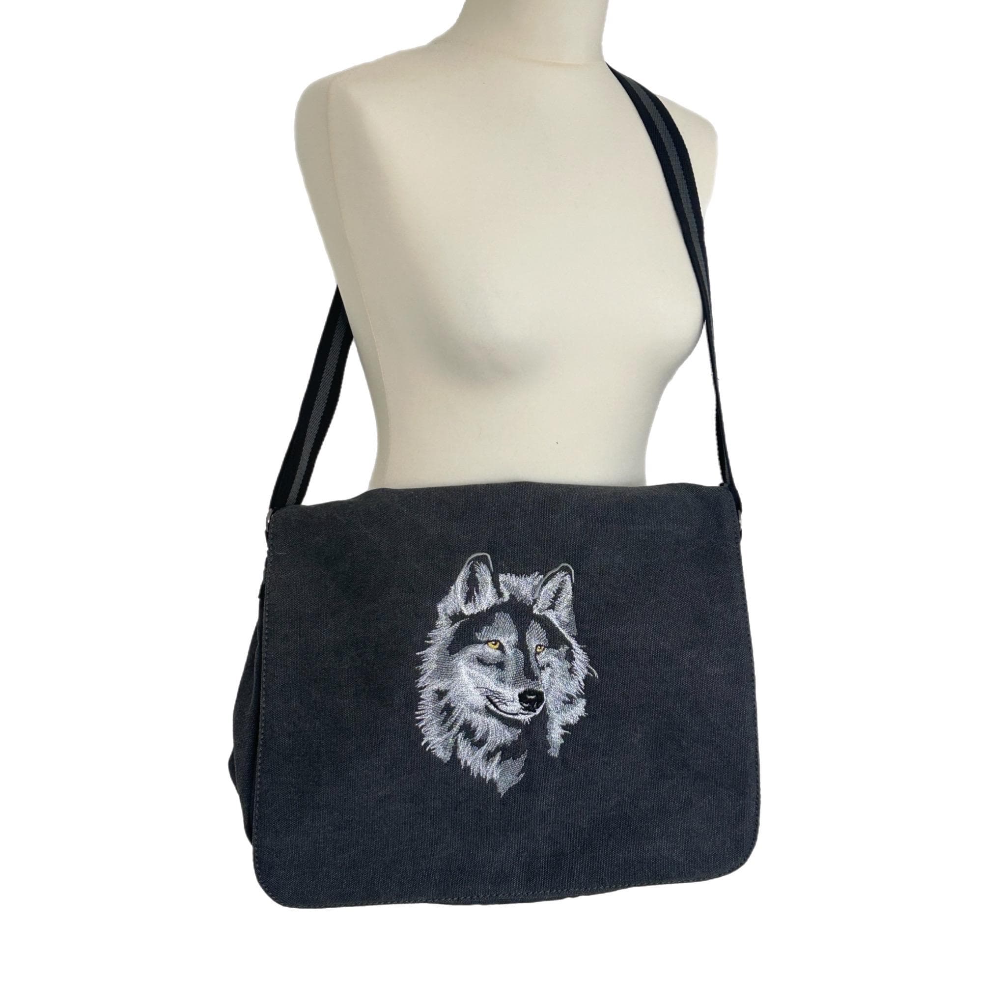 Wolf Embroidered Bag, Cotton Canvas Vintage Black Messenger Bag — image 3