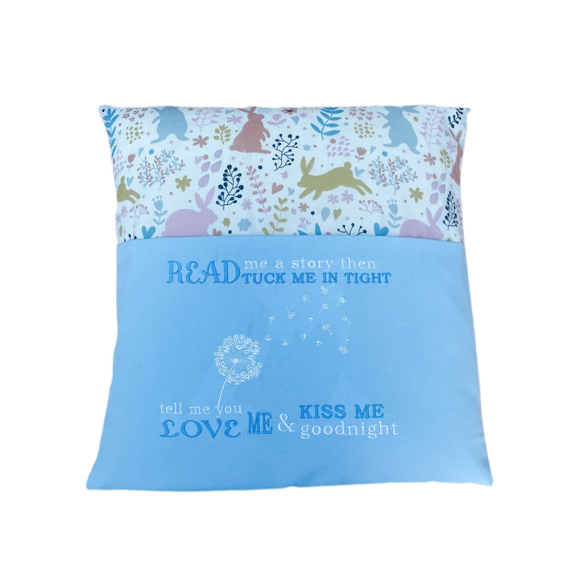 Rabbit Reading Pillow: Embroidered Dandelion Nursery Book Cushion — image 3