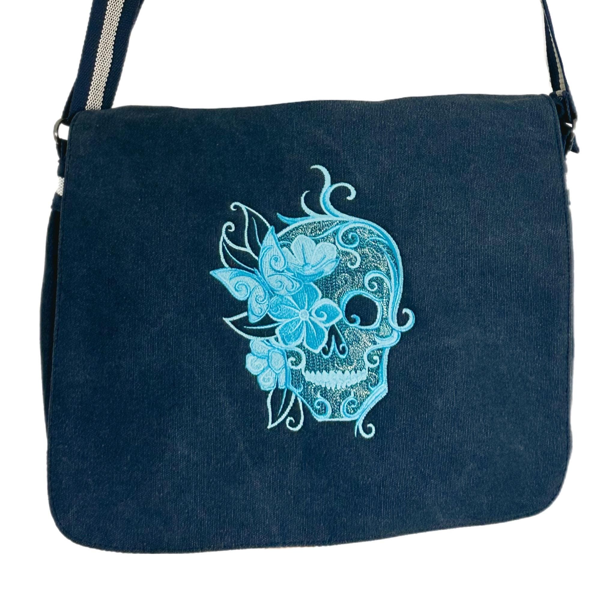 Blue Sugar Skull Embroidered Messenger Bag: Cotton Canvas Laptop Bag