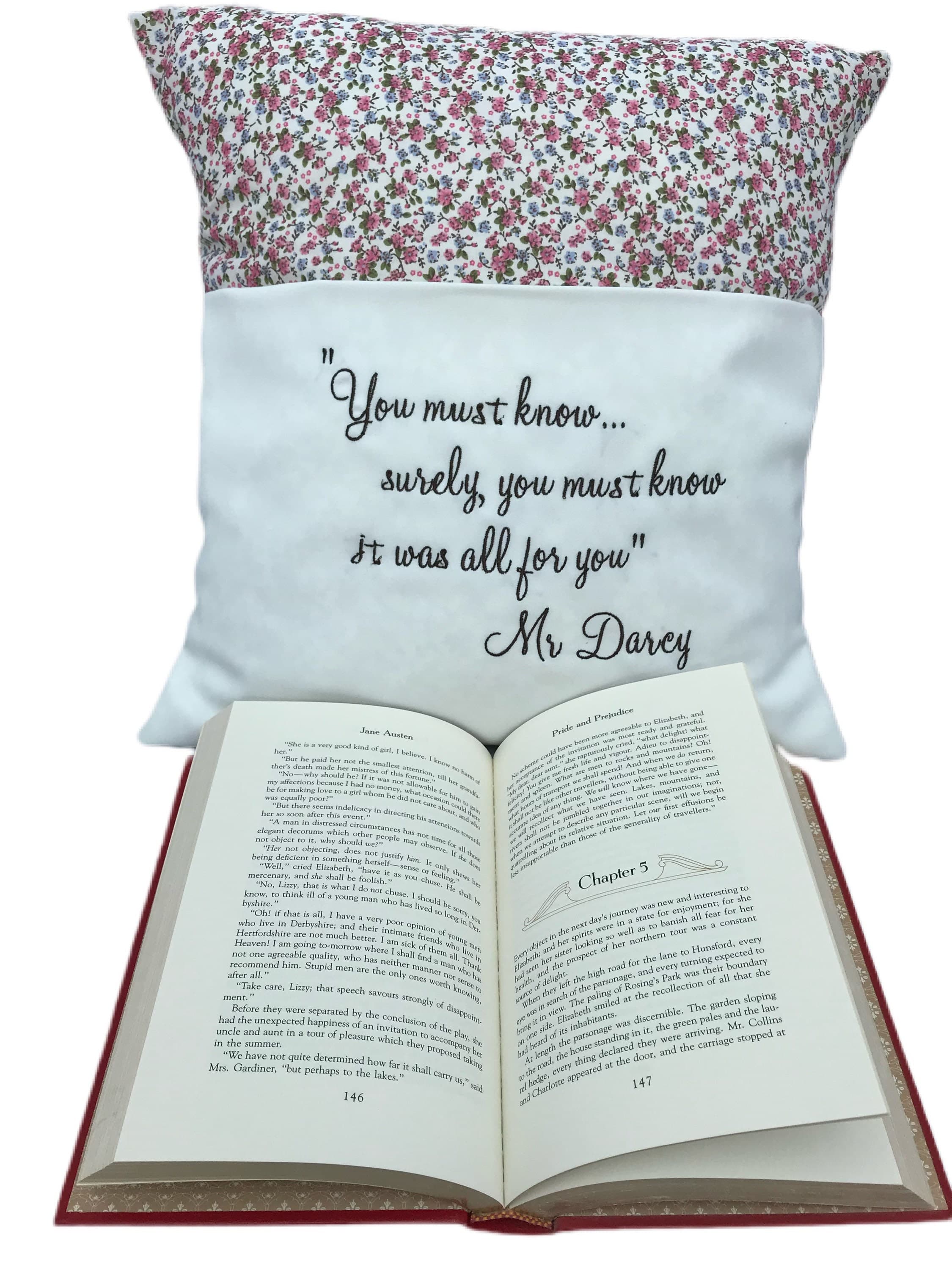 Mr. Darcy Book Cushion: Embroidered Pride and Prejudice Pillow