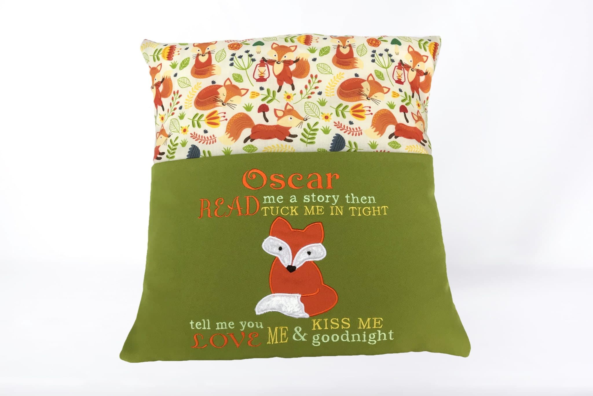 Fox Reading Pillow: Embroidered Story Book Pocket Cushion — image 5