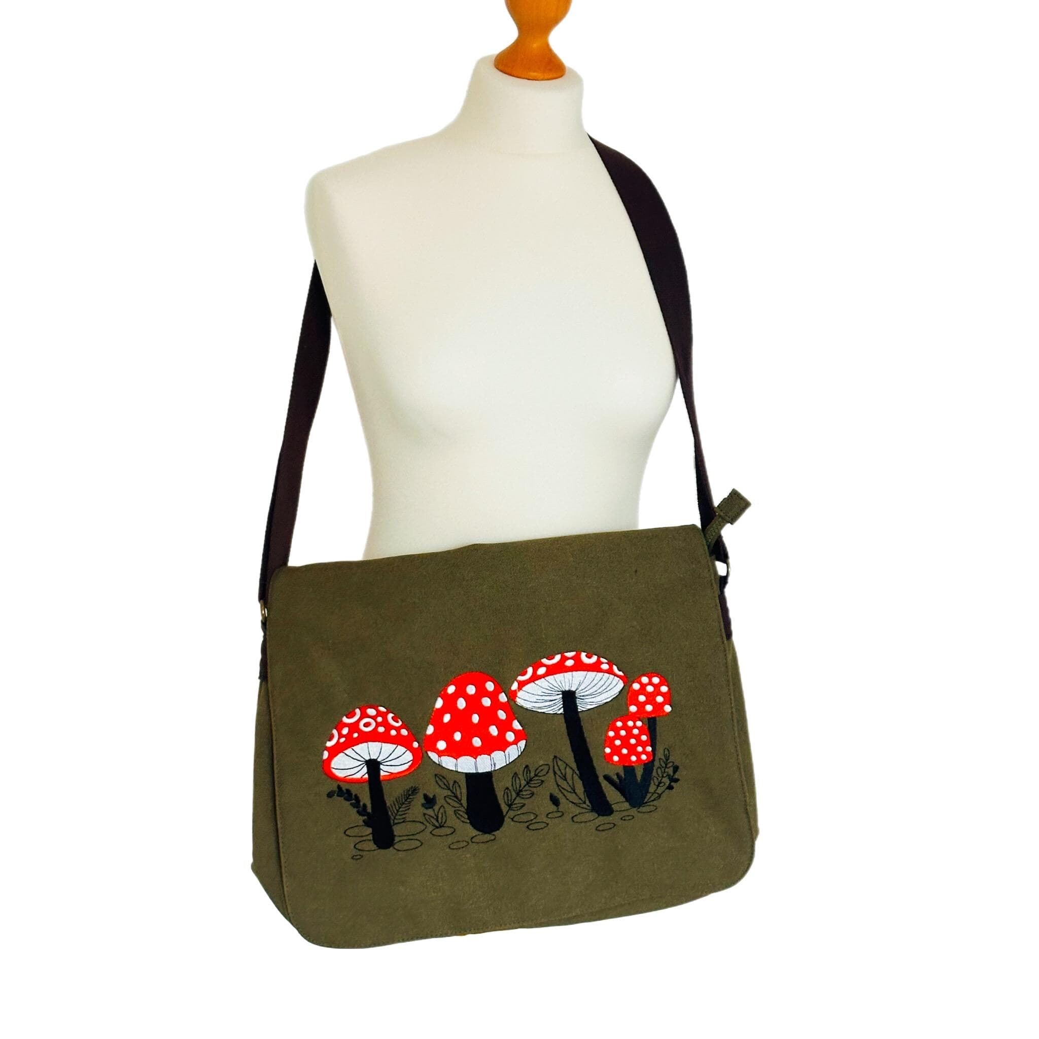 Red Toadstool Embroidered Bag, Cotton Canvas Khaki Messenger Bag — image 2