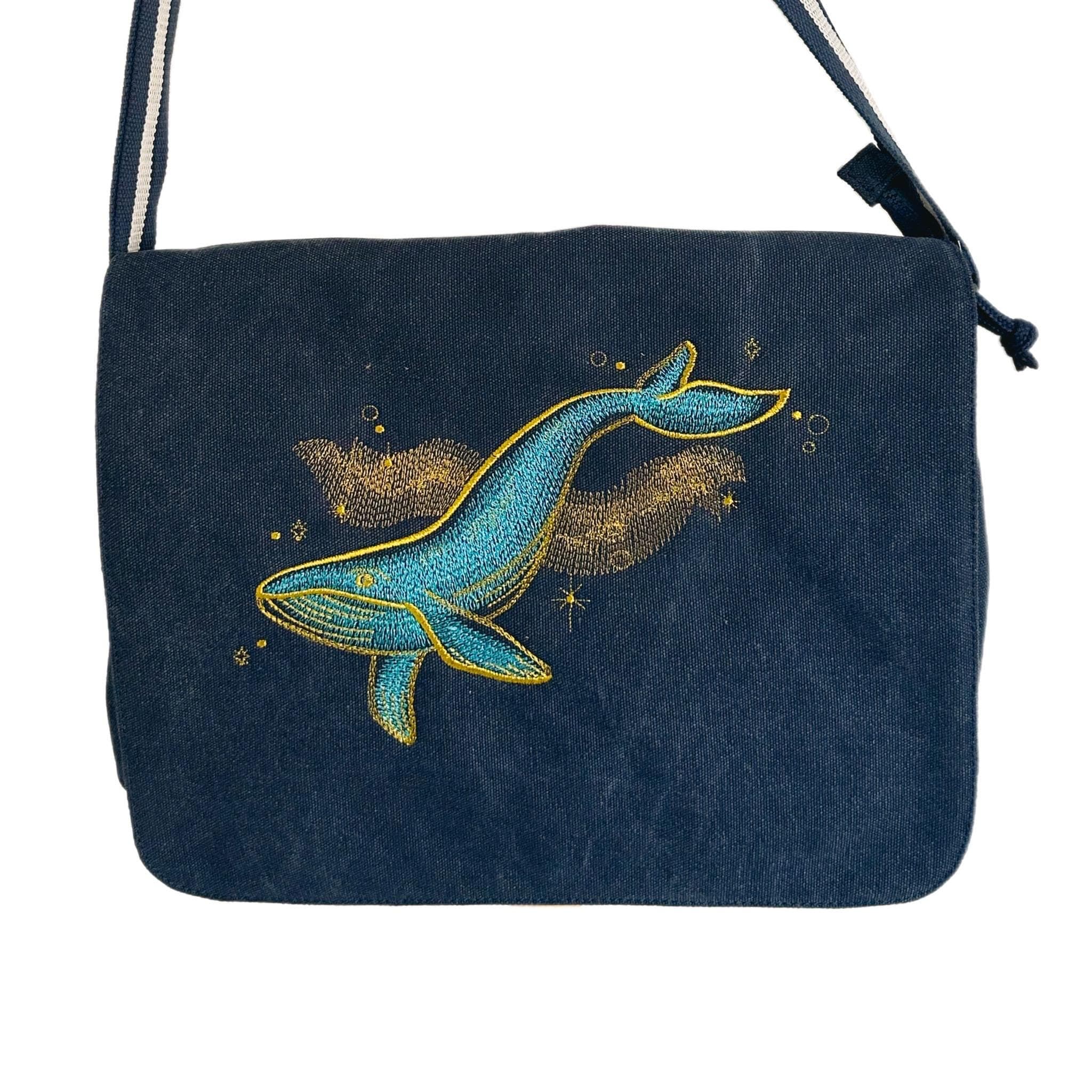 Embroidered Whale Messenger Bag – Cotton Canvas Laptop Shoulder Bag