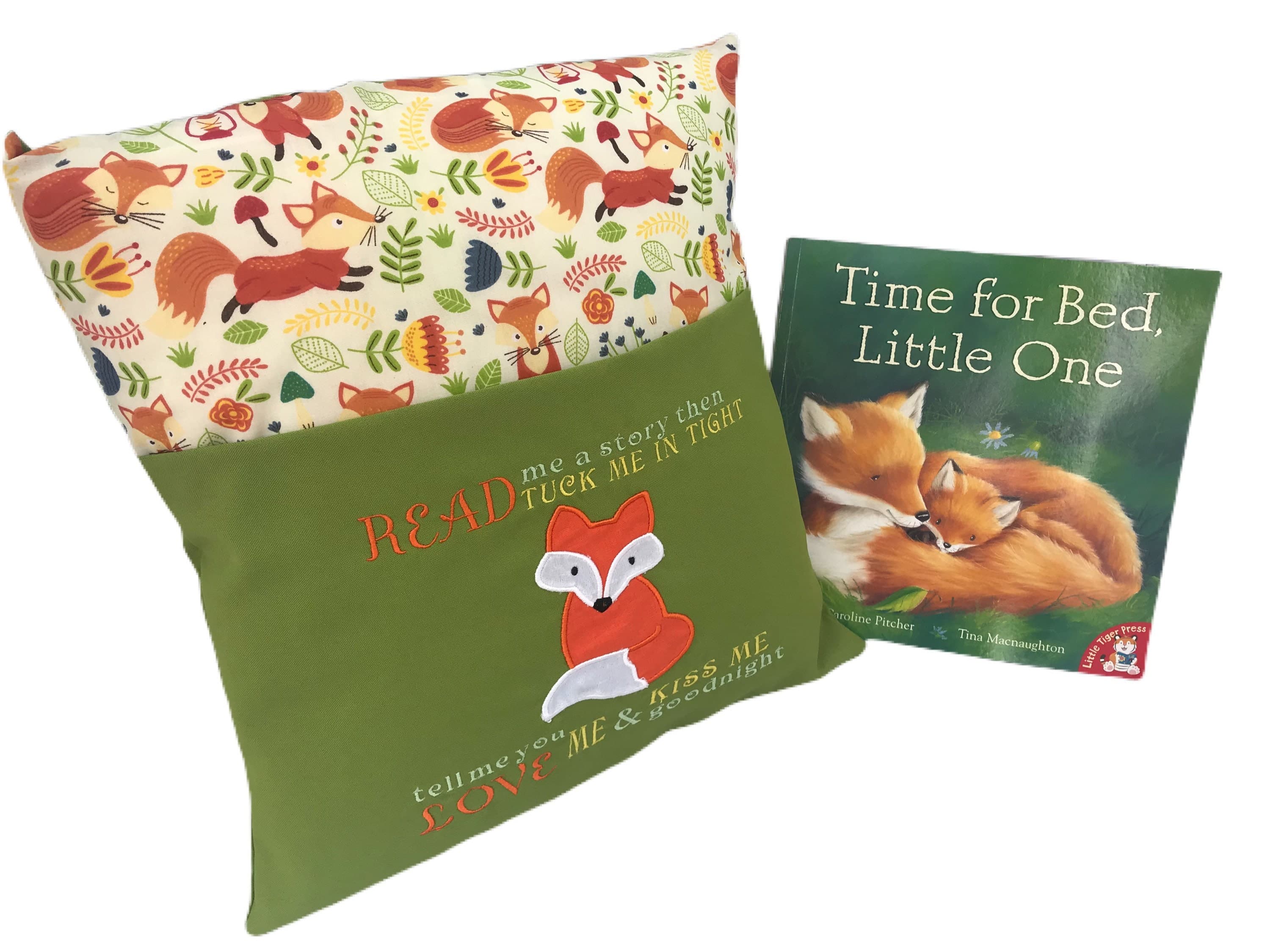 Fox Reading Pillow: Embroidered Story Book Pocket Cushion