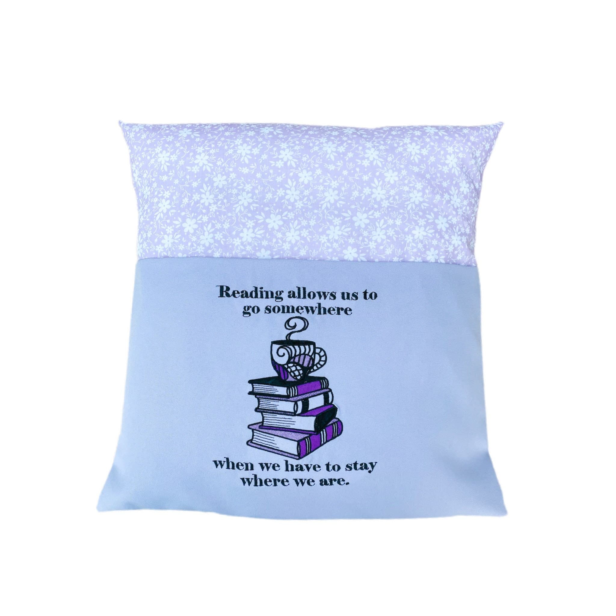 Purple Floral Book Cushion: Embroidered Reading Pillow