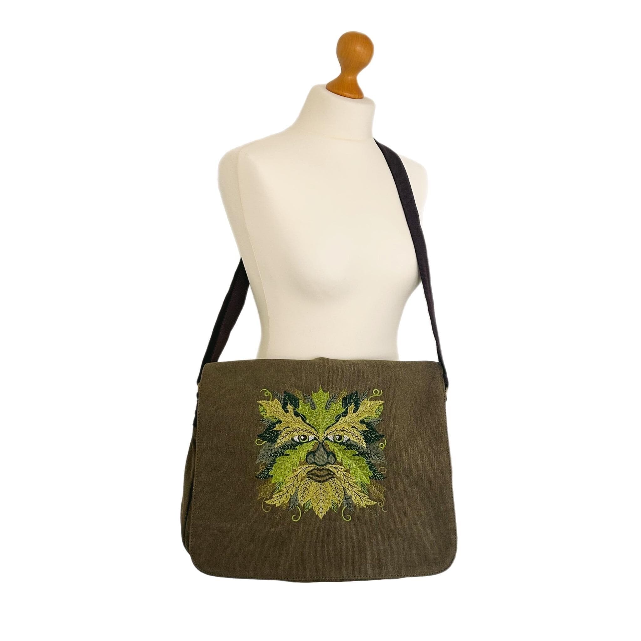 Greenman Embroidered Bag, Cotton Canvas Khaki Messenger Bag — image 2