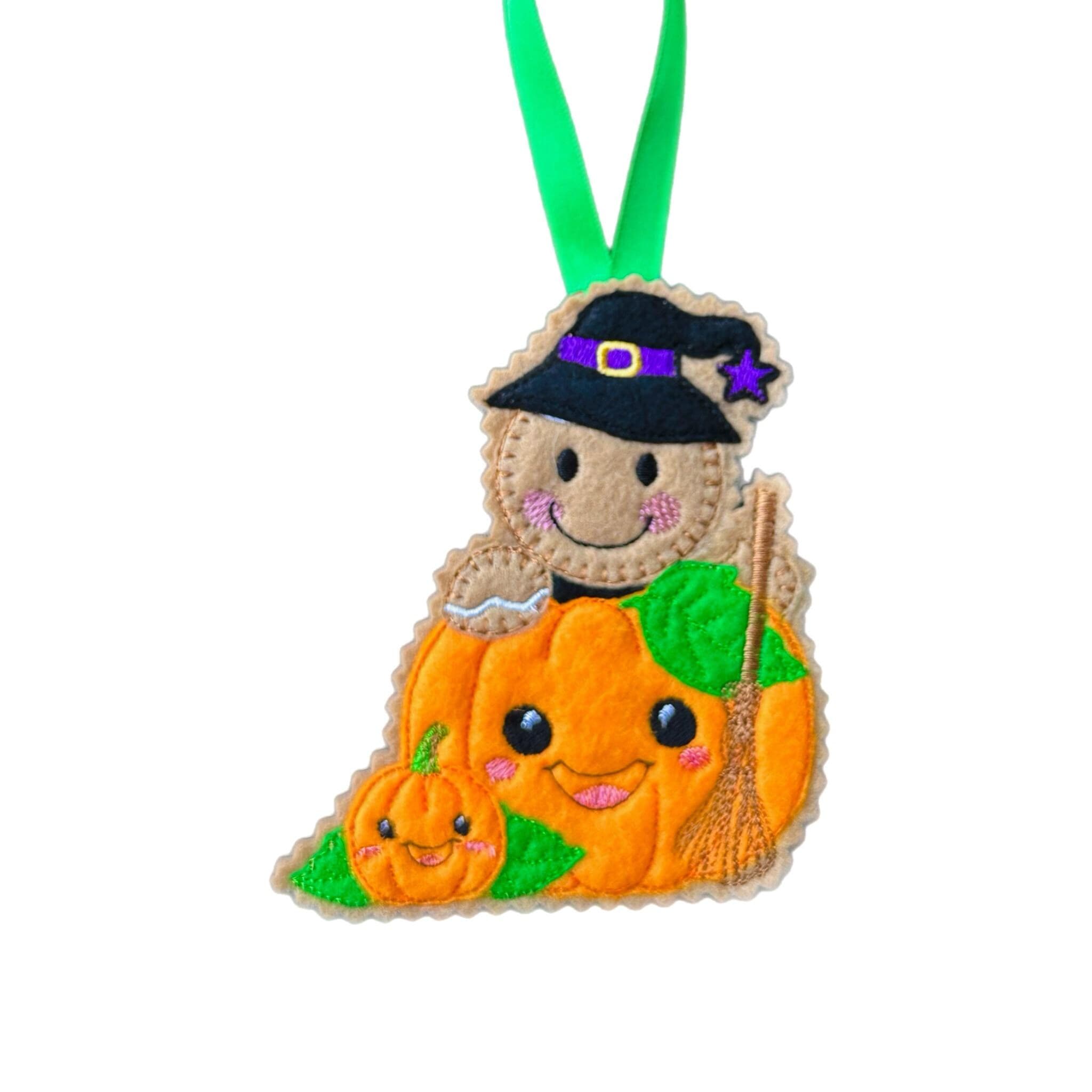 Witch & Pumpkins Gingerbread Felt Decoration -  Spooky Tree Decor Halloween Keepsake