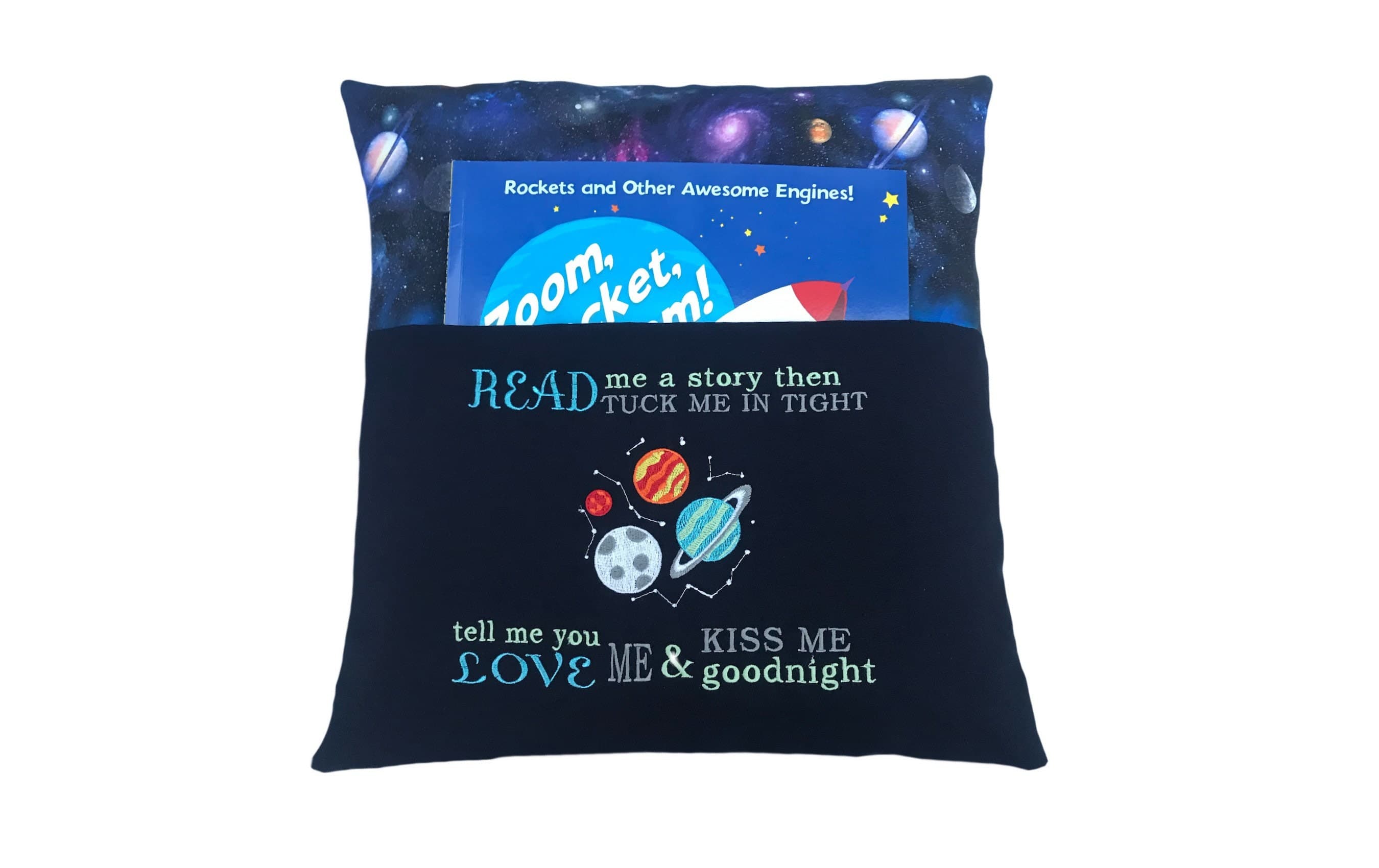 Embroidered Space Book Cushion: Children's Reading Pillow with Pocket — image 3