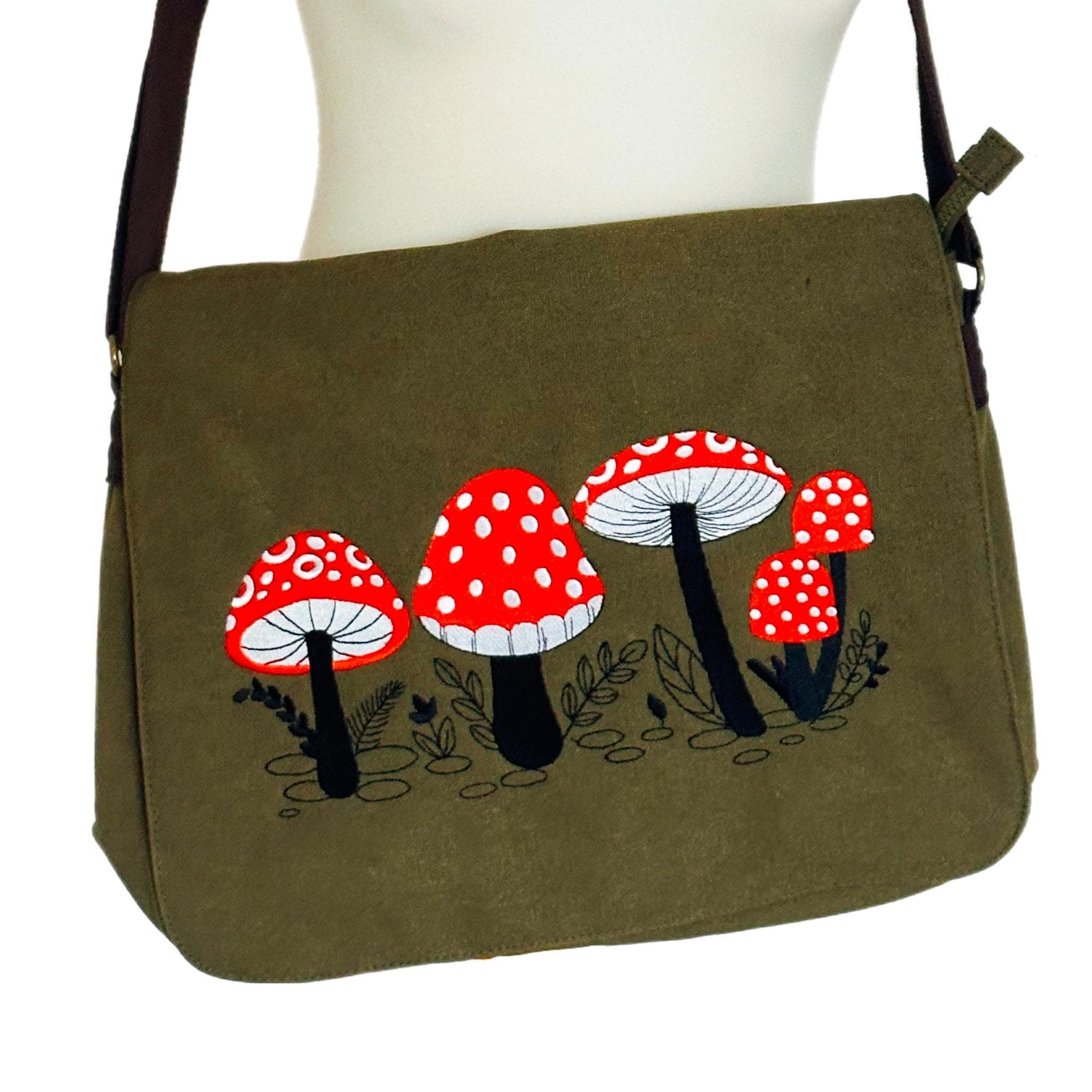 Red Toadstool Embroidered Bag, Cotton Canvas Khaki Messenger Bag — image 3