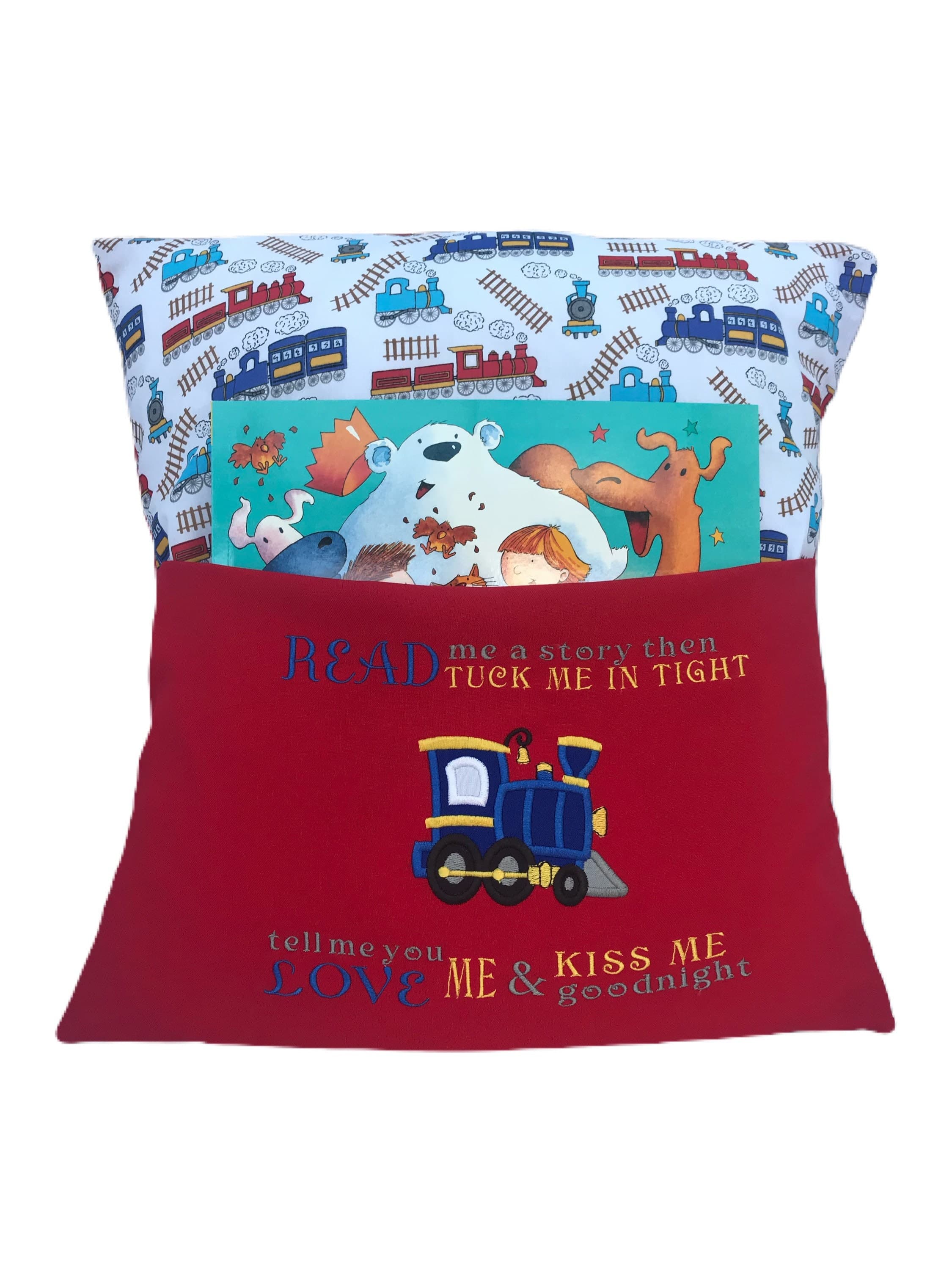 Embroidered Train Reading Pillow: Children's Book Cushion — image 2