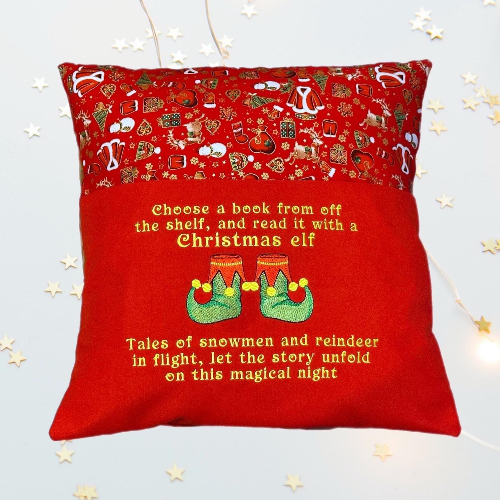 Elf embroidered book cushion, personalisation available