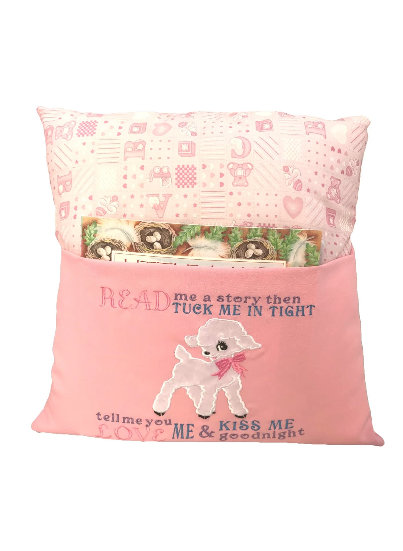 Embroidered Lamb Book Cushion: Pink Nursery Reading Pillow — image 3