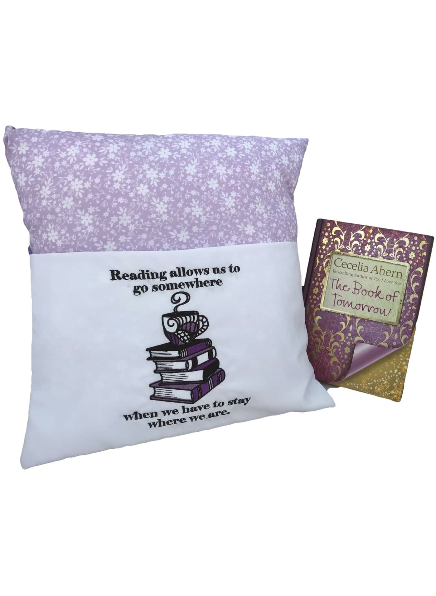Purple Floral Book Cushion: Embroidered Reading Pillow