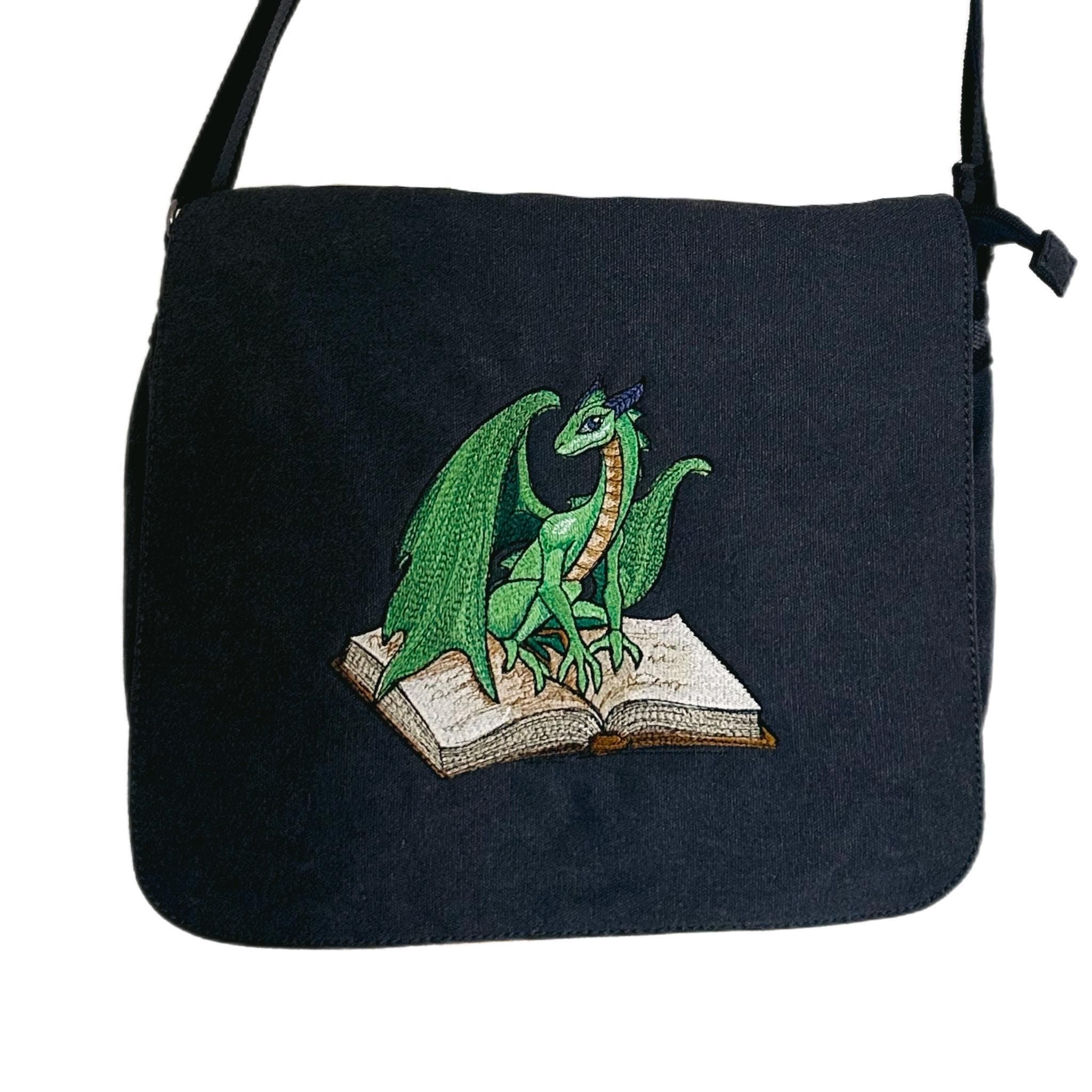 Embroidered Dragon Messenger Bag – Cotton Canvas Laptop Shoulder Bag