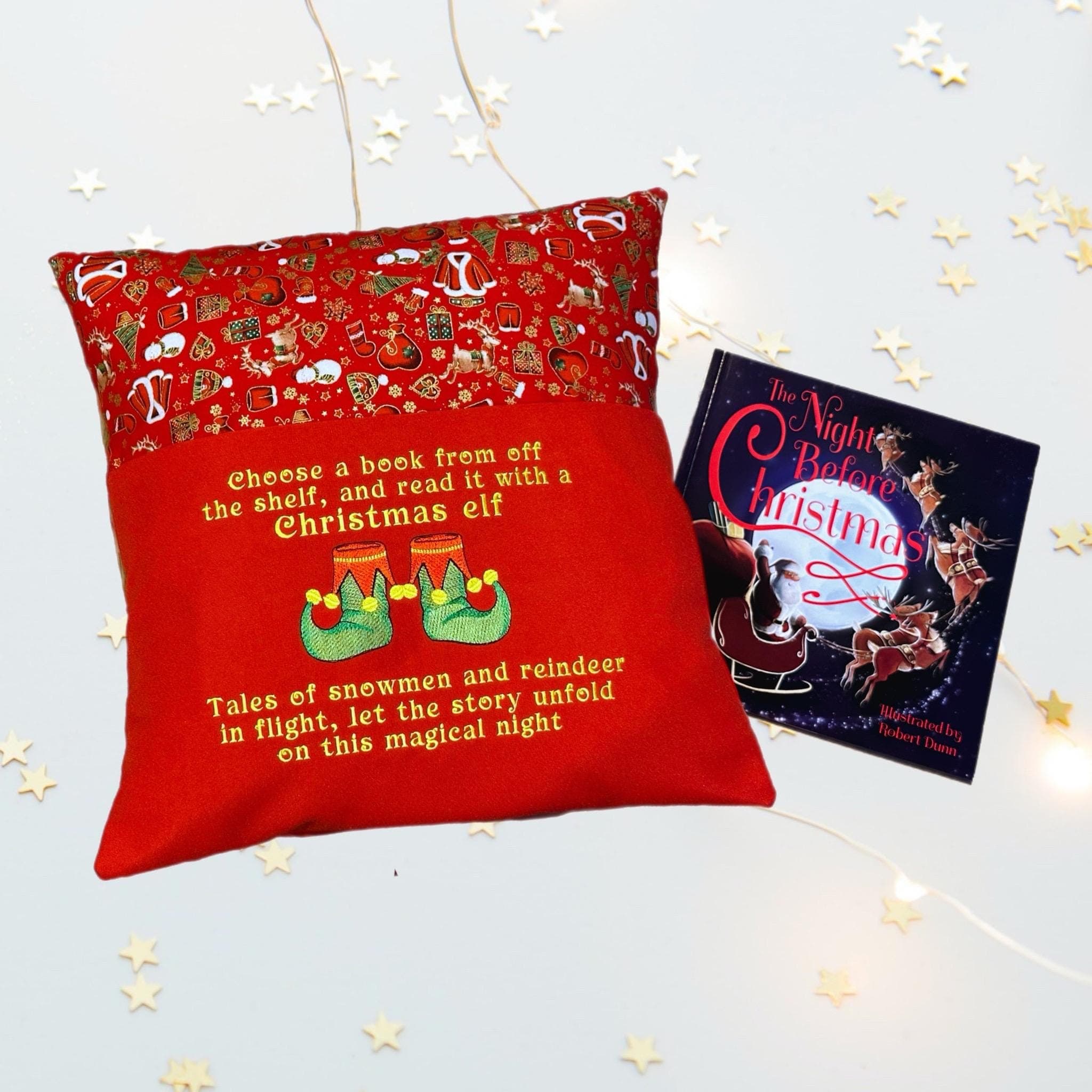 Elf embroidered book cushion, personalisation available — image 4