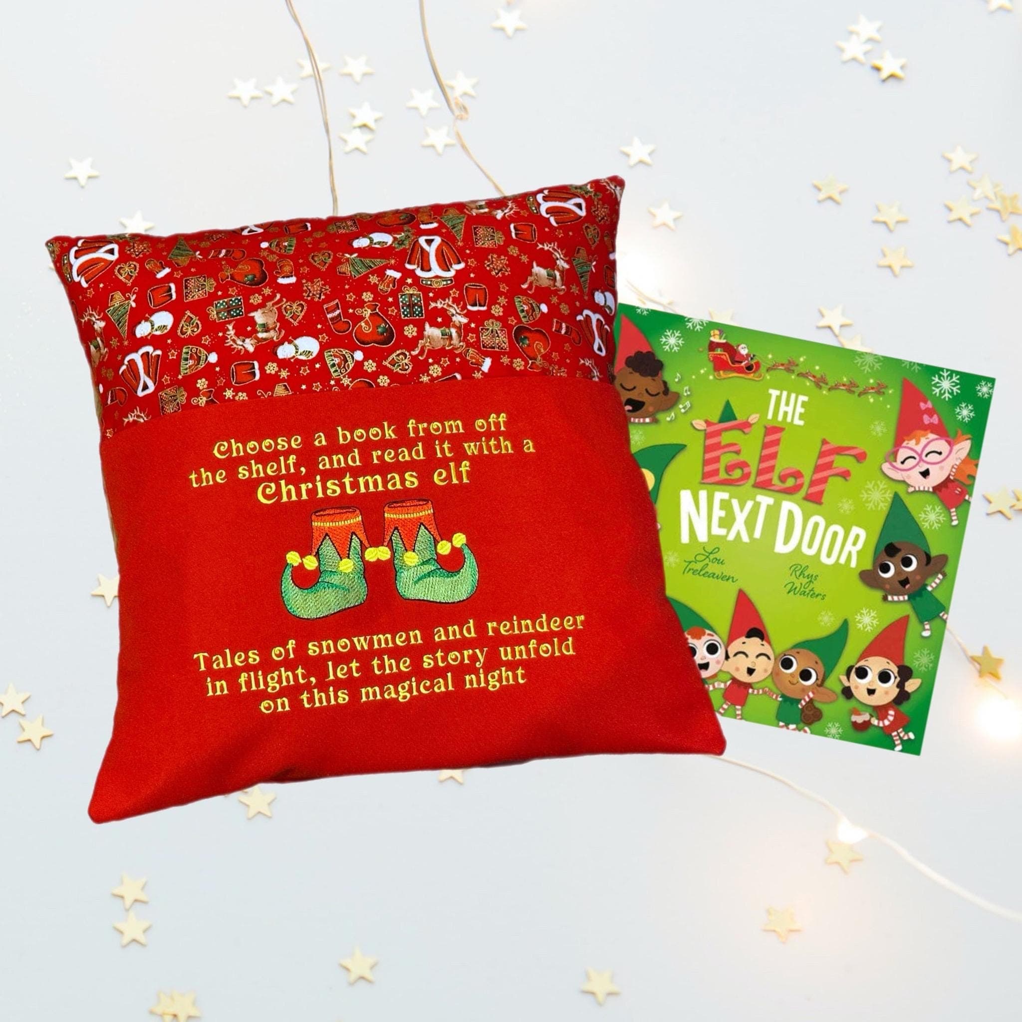 Elf embroidered book cushion, personalisation available — image 5
