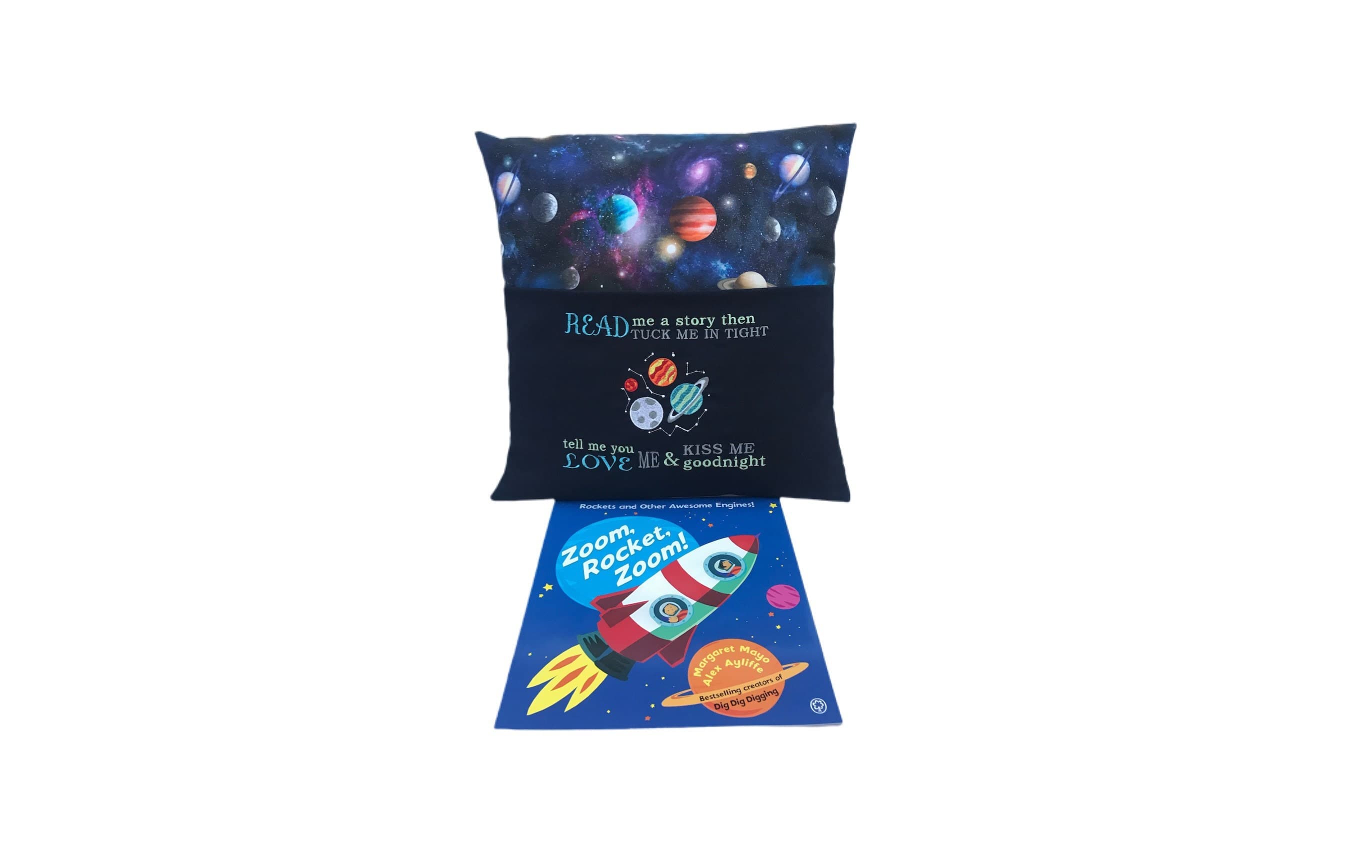 Embroidered Space Book Cushion: Children's Reading Pillow with Pocket