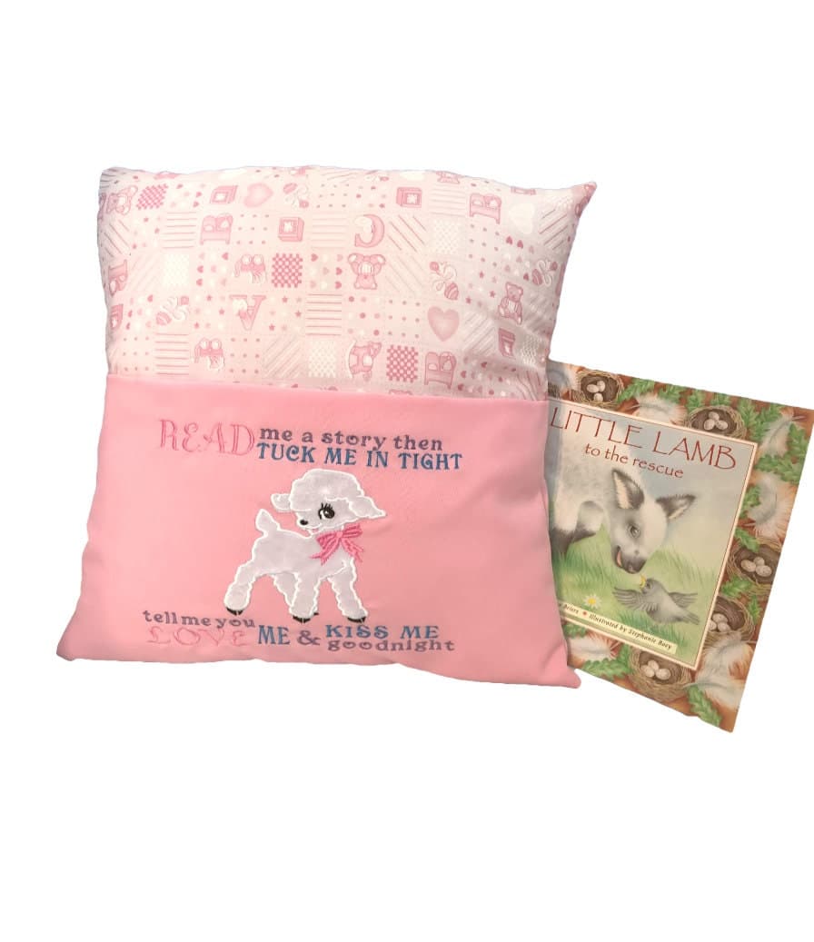 Embroidered Lamb Book Cushion: Pink Nursery Reading Pillow