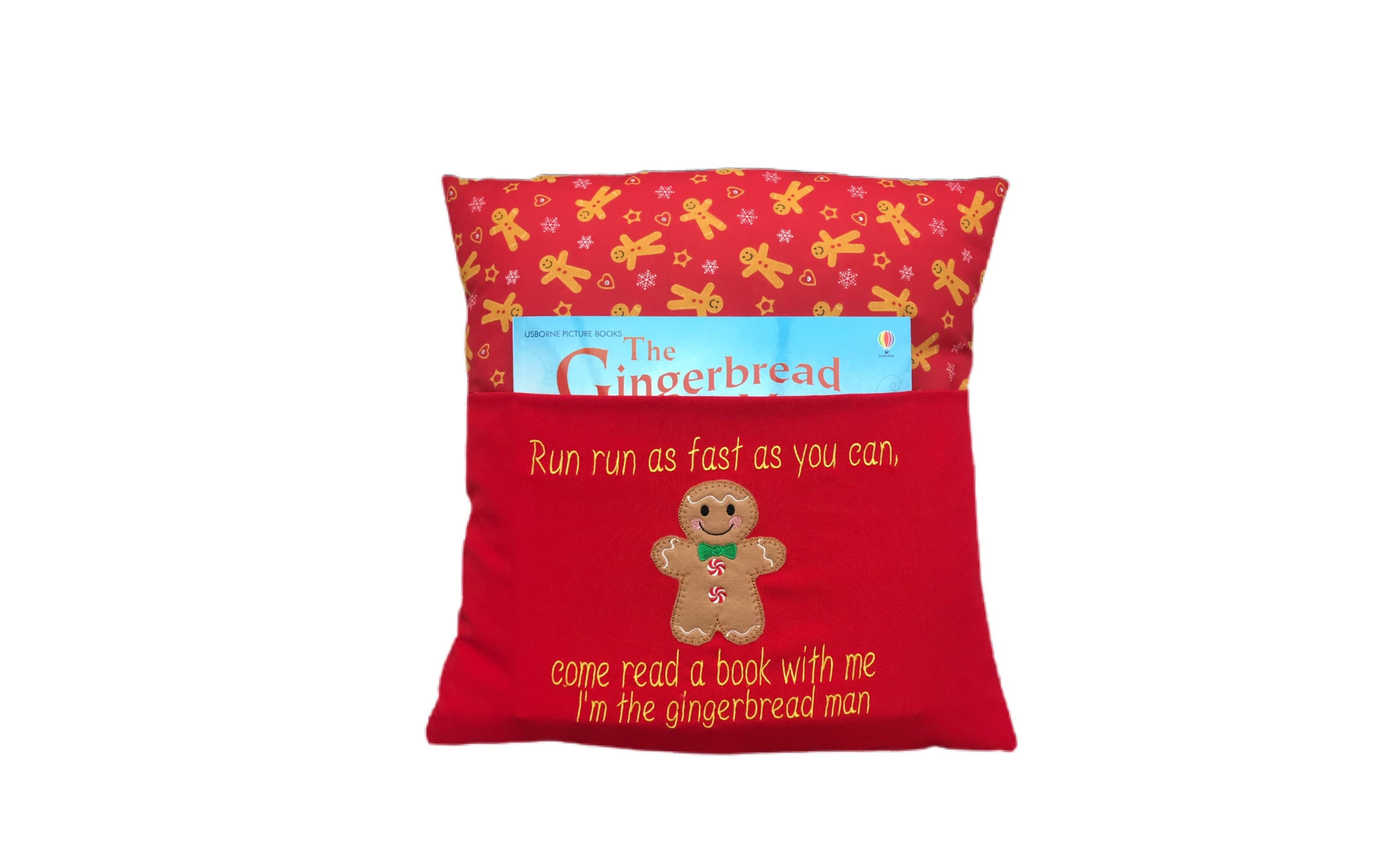 Gingerbread Man Reading Cushion: Embroidered Book Pocket — image 2