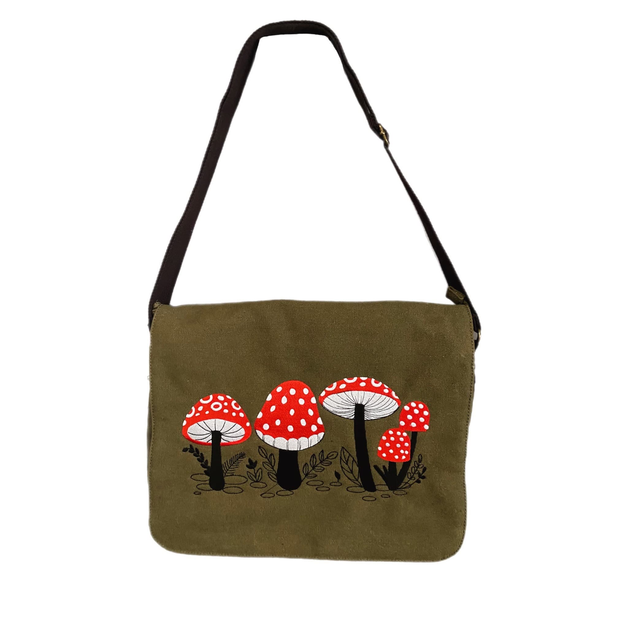 Red Toadstool Embroidered Bag, Cotton Canvas Khaki Messenger Bag — image 4