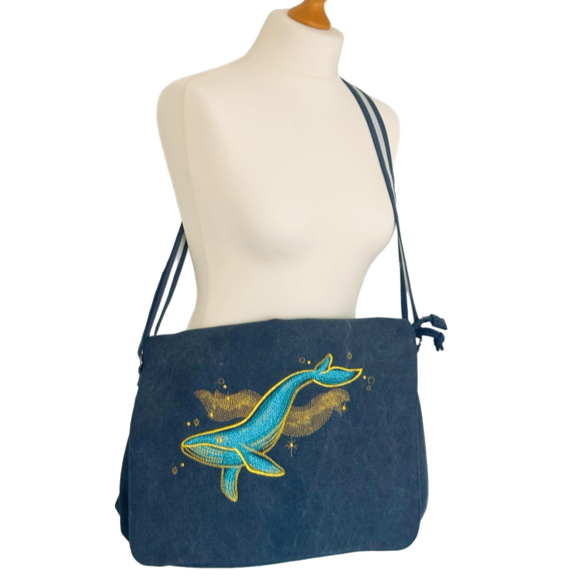 Embroidered Whale Messenger Bag – Cotton Canvas Laptop Shoulder Bag — image 2