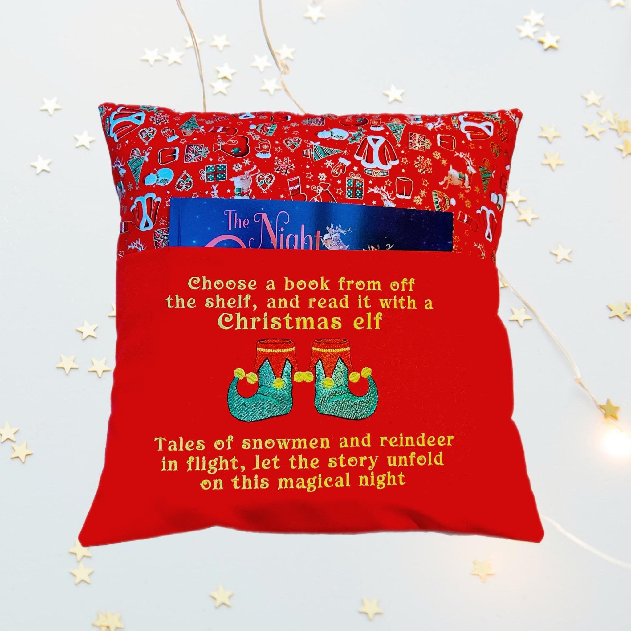 Elf embroidered book cushion, personalisation available — image 6