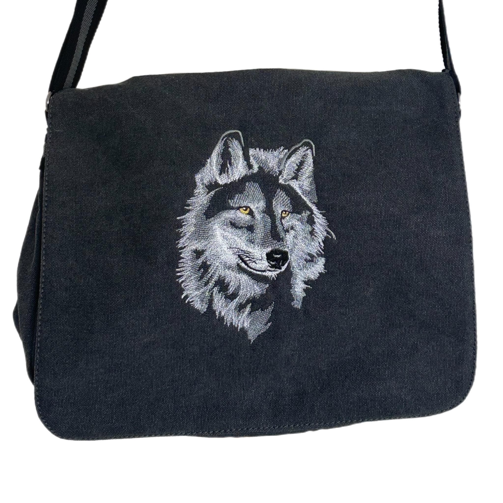 Wolf Embroidered Bag, Cotton Canvas Vintage Black Messenger Bag