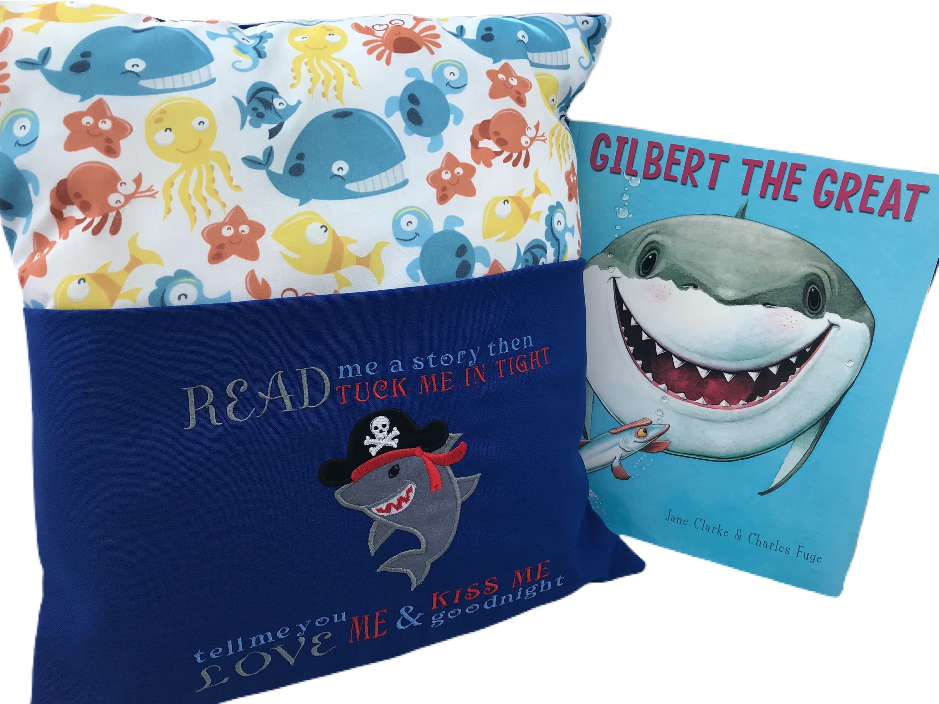 Embroidered Pirate Shark Reading Cushion: Sea Theme Book Pocket