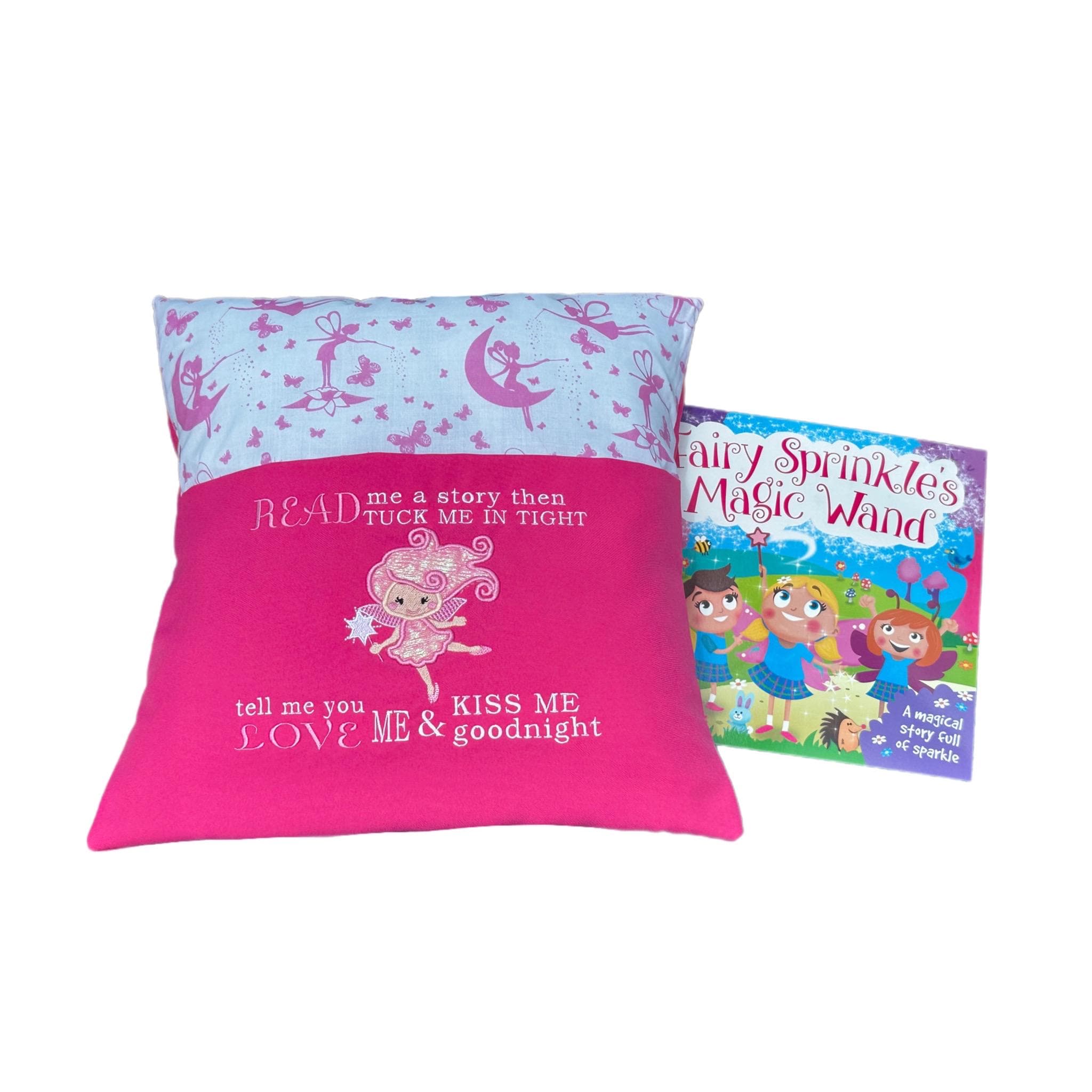Fairy Tale Book Cushion: Embroidered Reading Pillow with Pocket