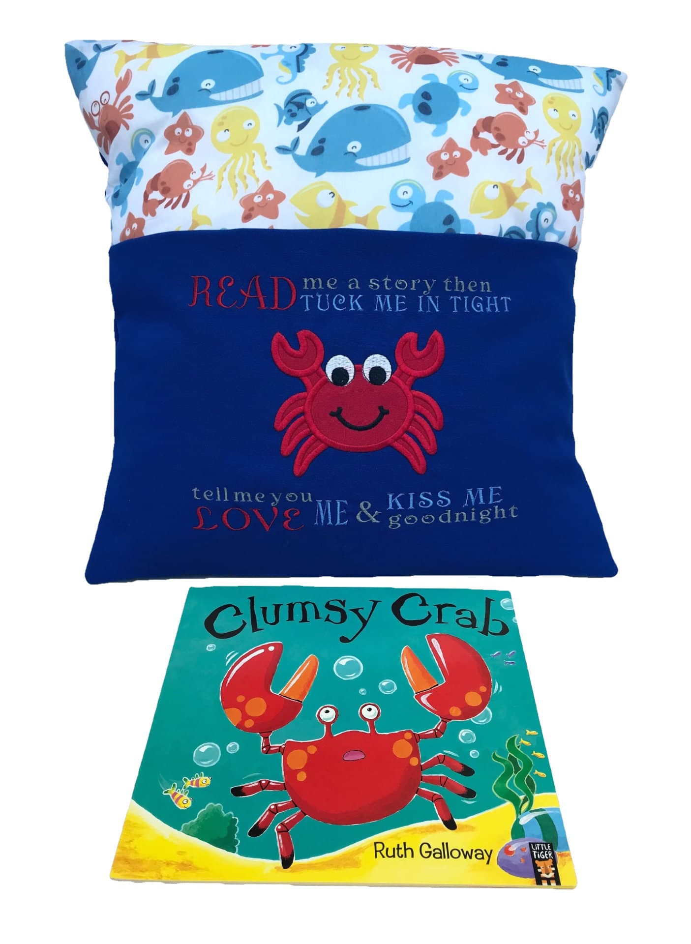 Crab Embroidered Reading Pillow: Nautical Book Cushion — image 4