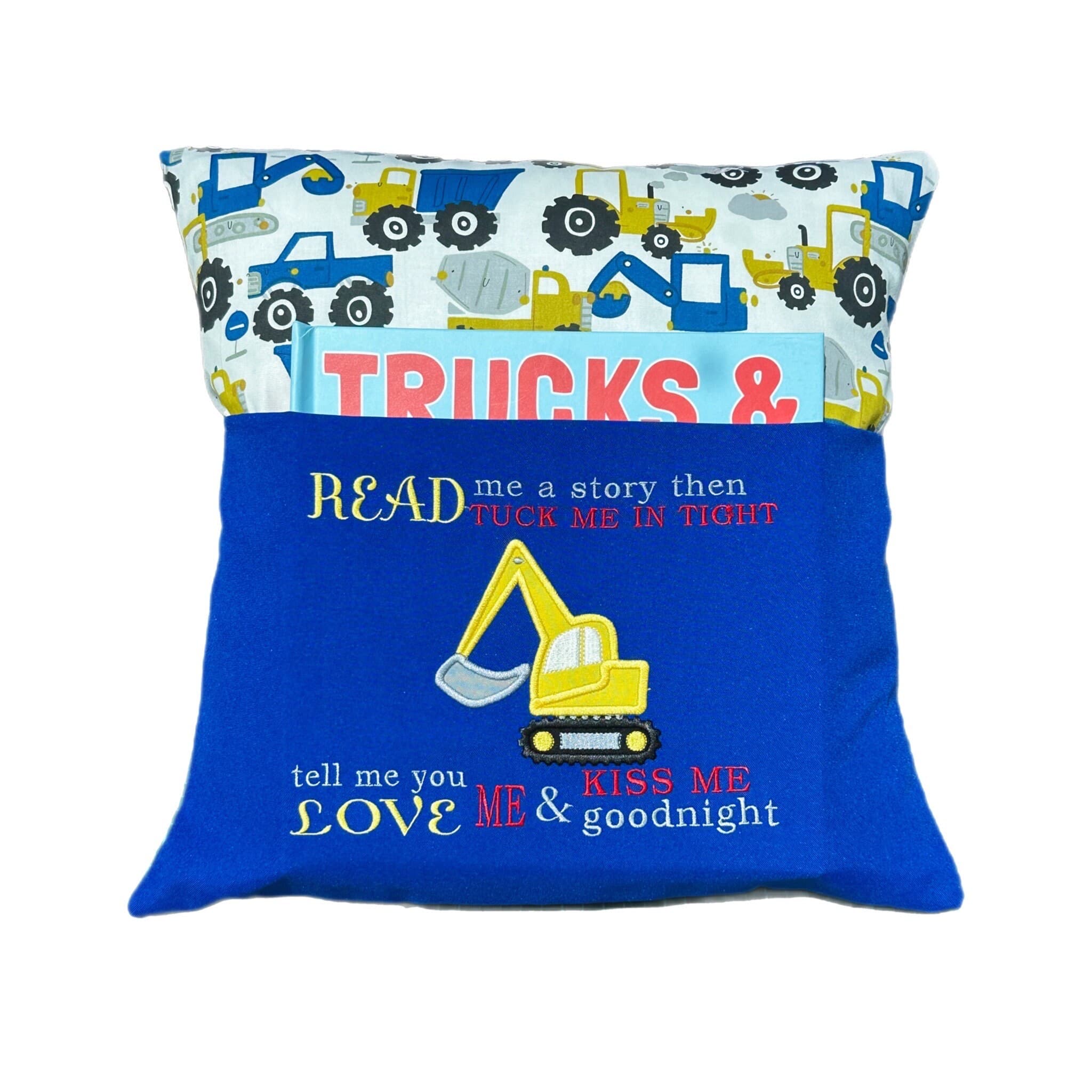 Embroidered Digger Book Cushion: Kids Story Pocket Pillow — image 2