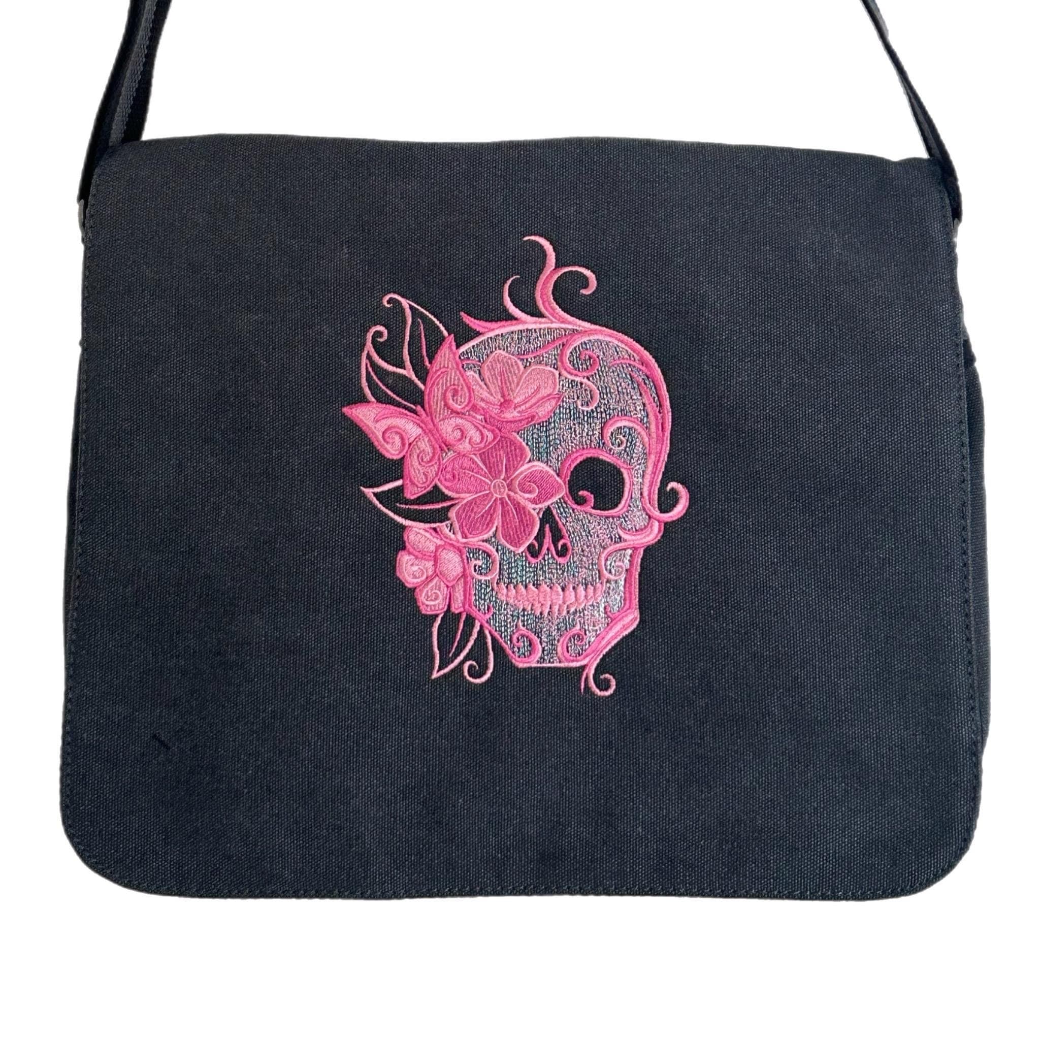 Pink Sugar Skull Embroidered Bag, Cotton Canvas Vintage Black Messenger Bag