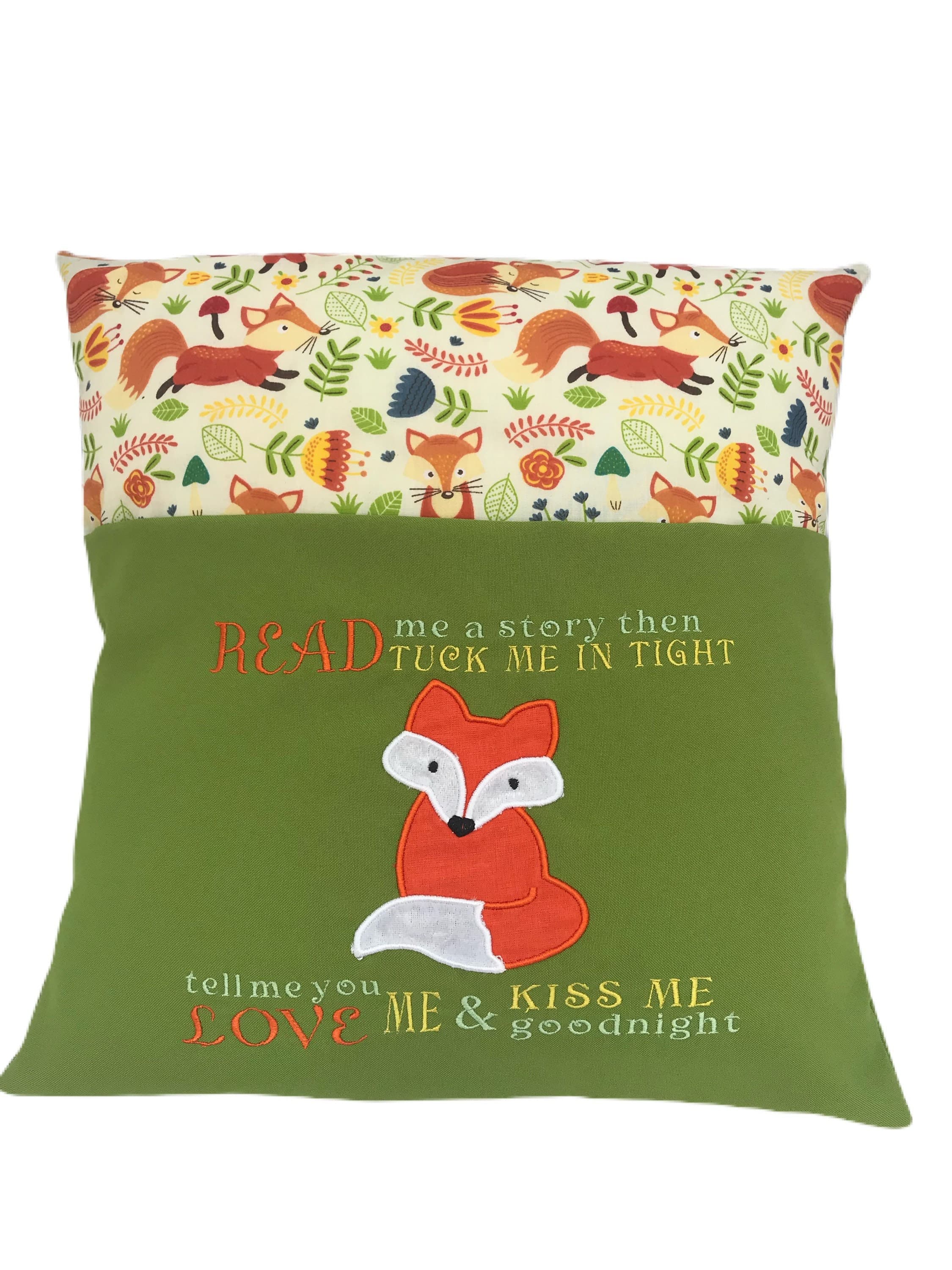 Fox Reading Pillow: Embroidered Story Book Pocket Cushion — image 2