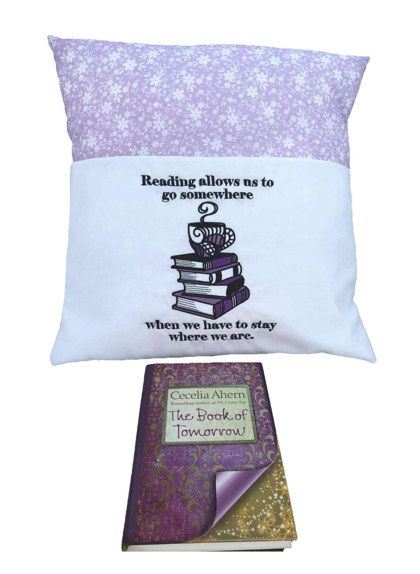 Purple Floral Book Cushion: Embroidered Reading Pillow — image 2